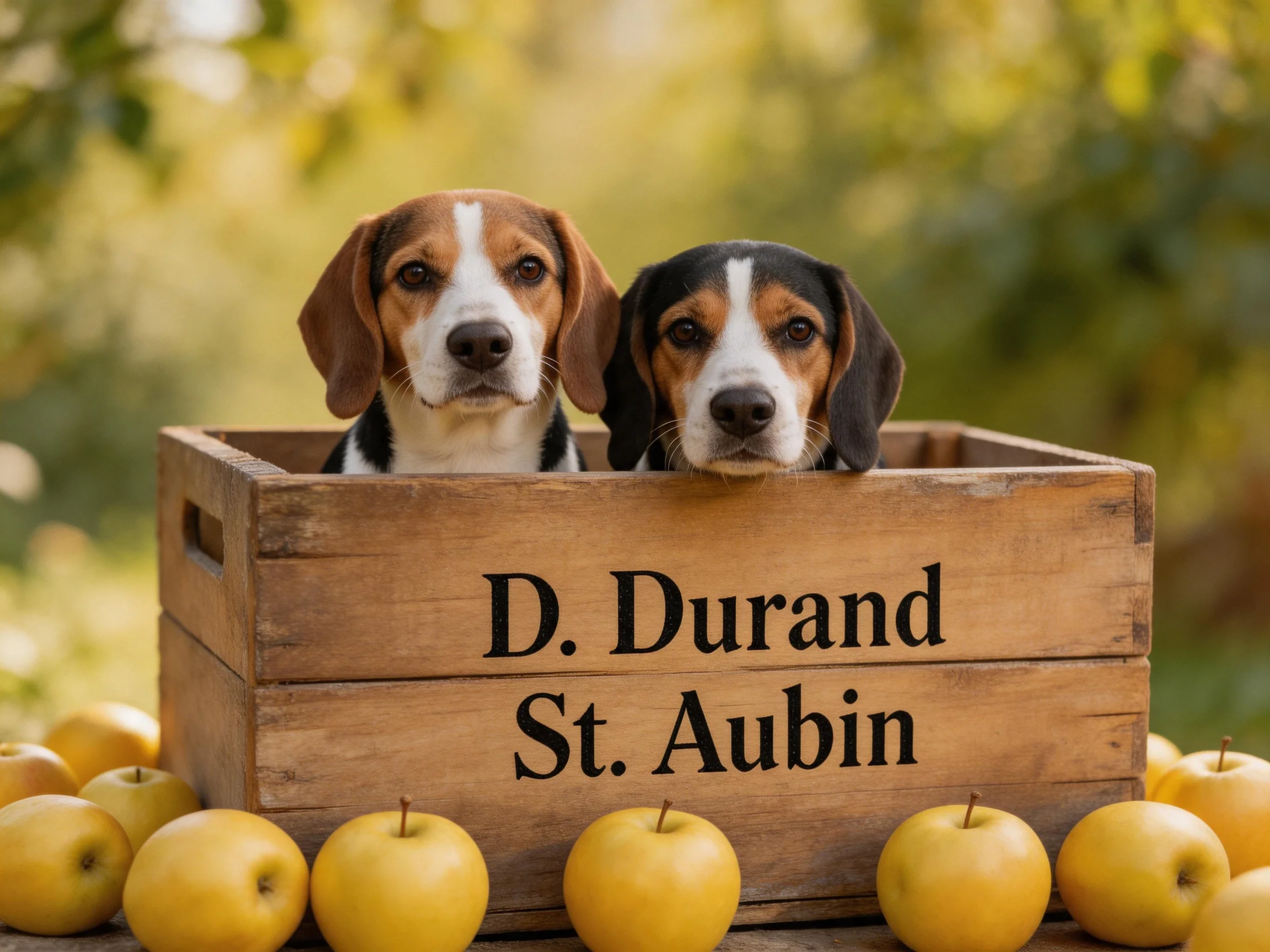 Two beagle dogs sit in a wooden crate amid golden apples in an outdoor area.