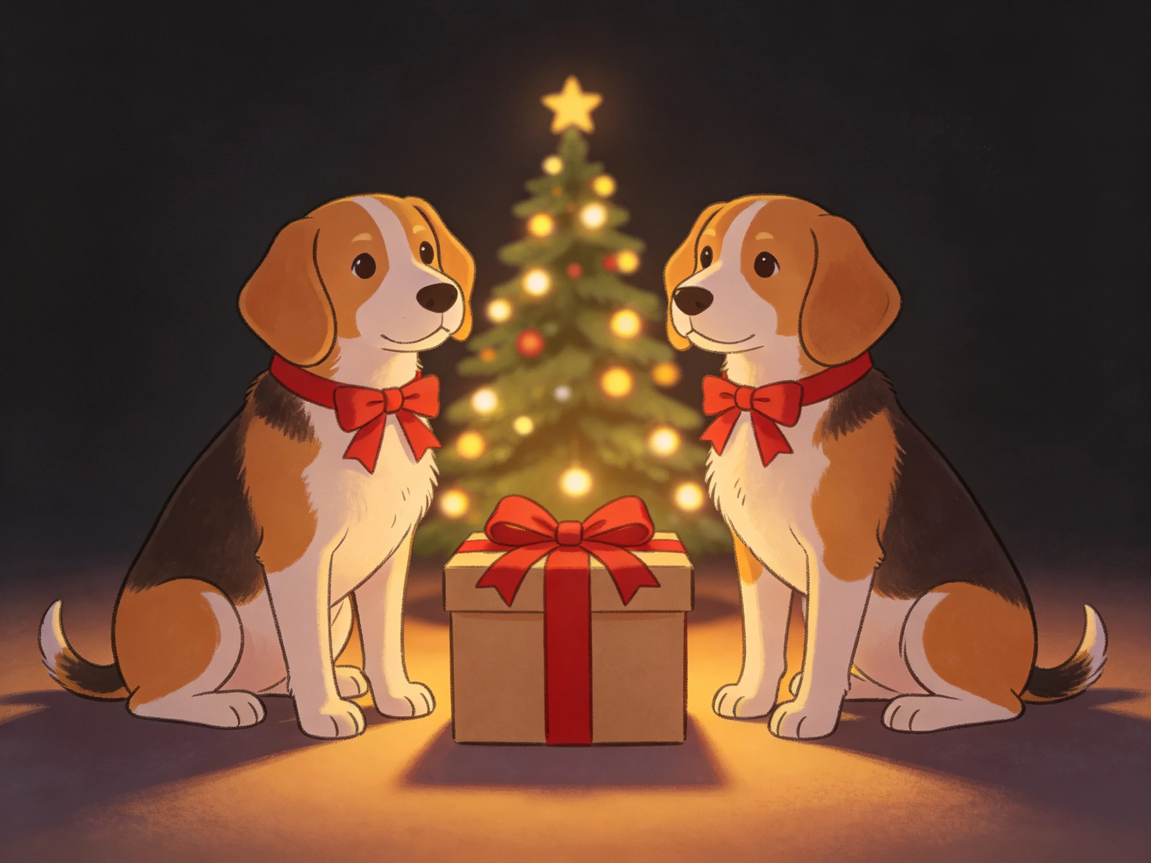 Two beagle dogs with red bows sit near a lit Christmas tree and gift
