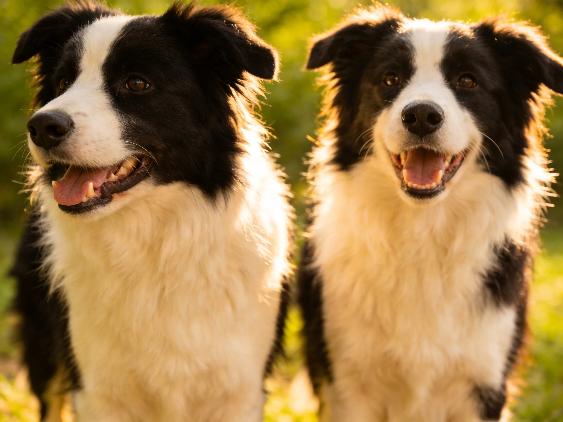 Two black - and - white Border Collies stand together in a sunlit outdoor setting.