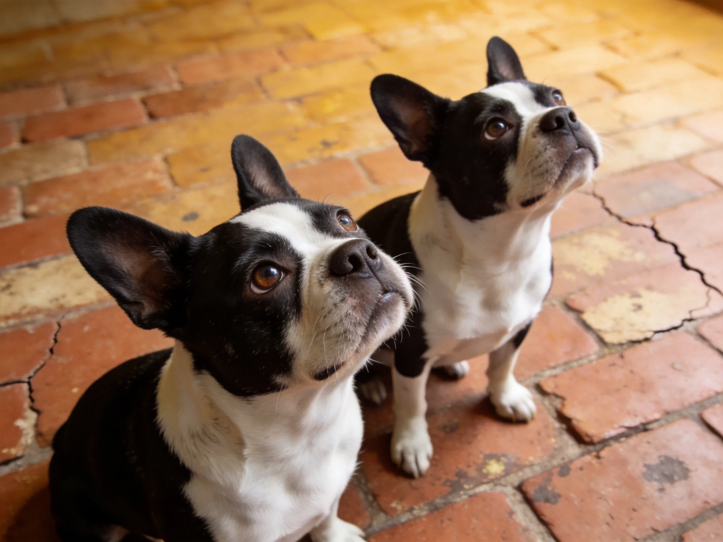 Two black - and - white Boston Terriers gaze upward on a rustic brick floor