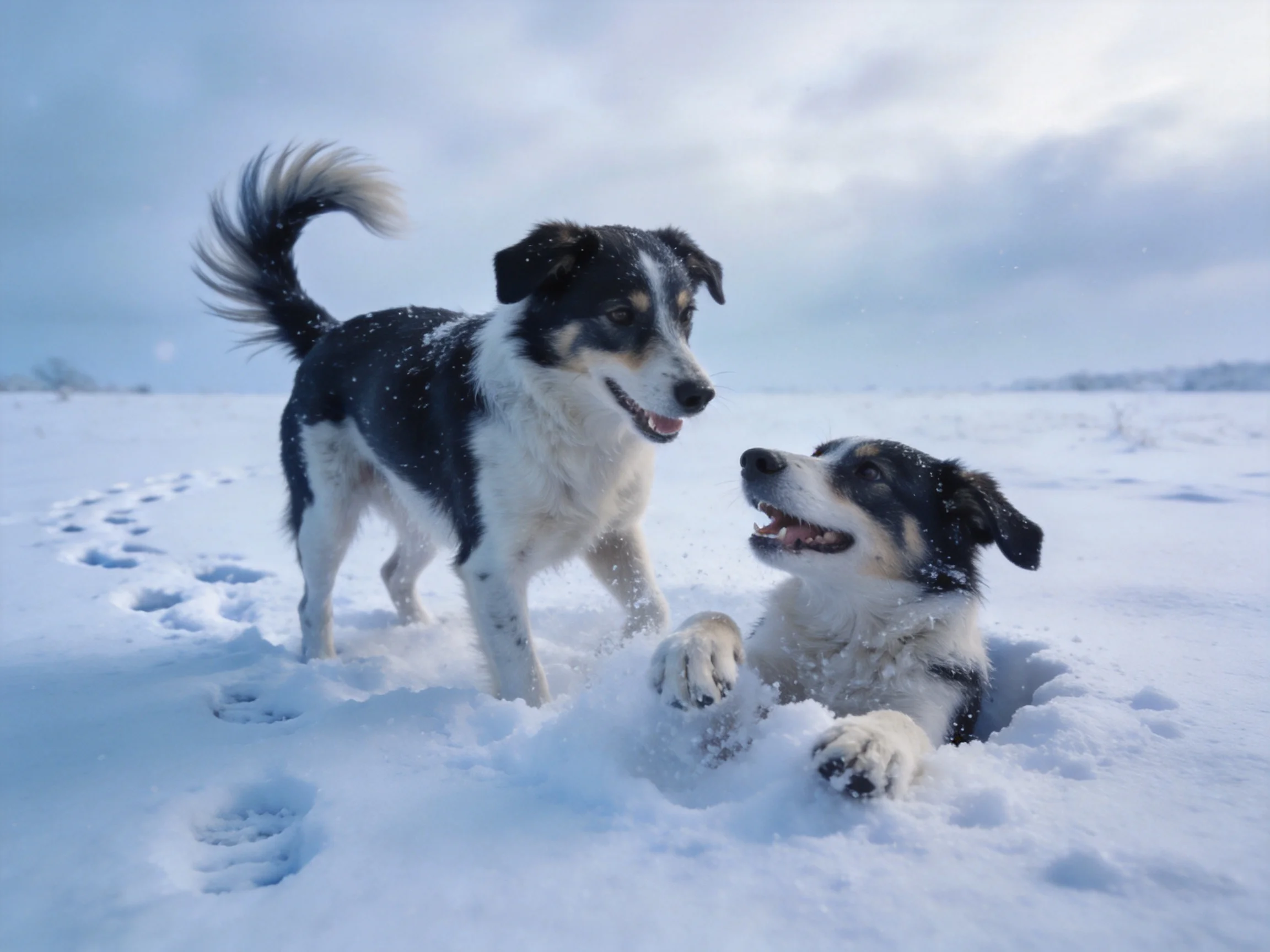 Two black - and - white dogs play in a vast snowy field