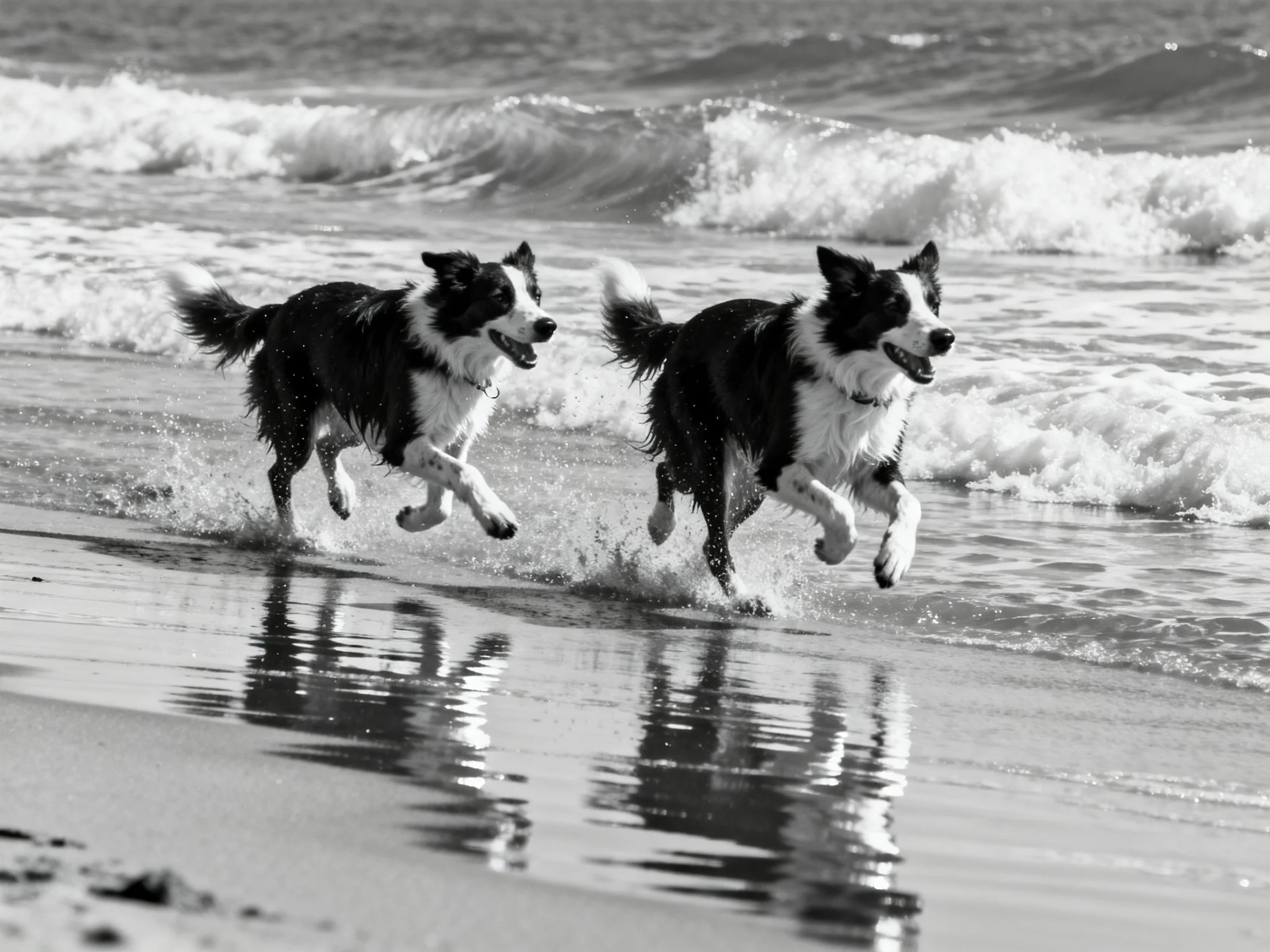 Two black - and - white dogs run near crashing ocean waves on a sandy shore