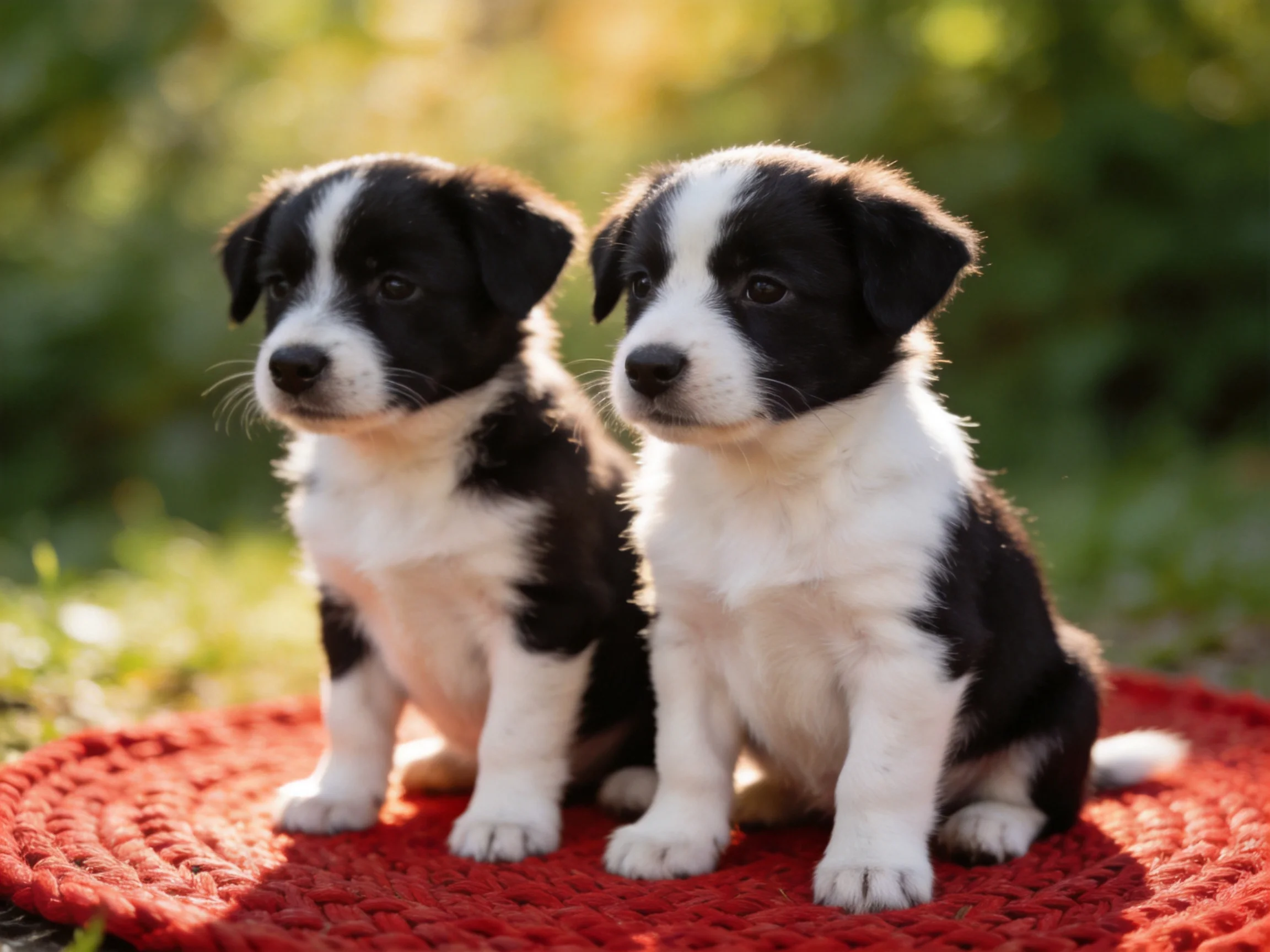 Two black - and - white puppies sit on a red mat in sunny surroundings