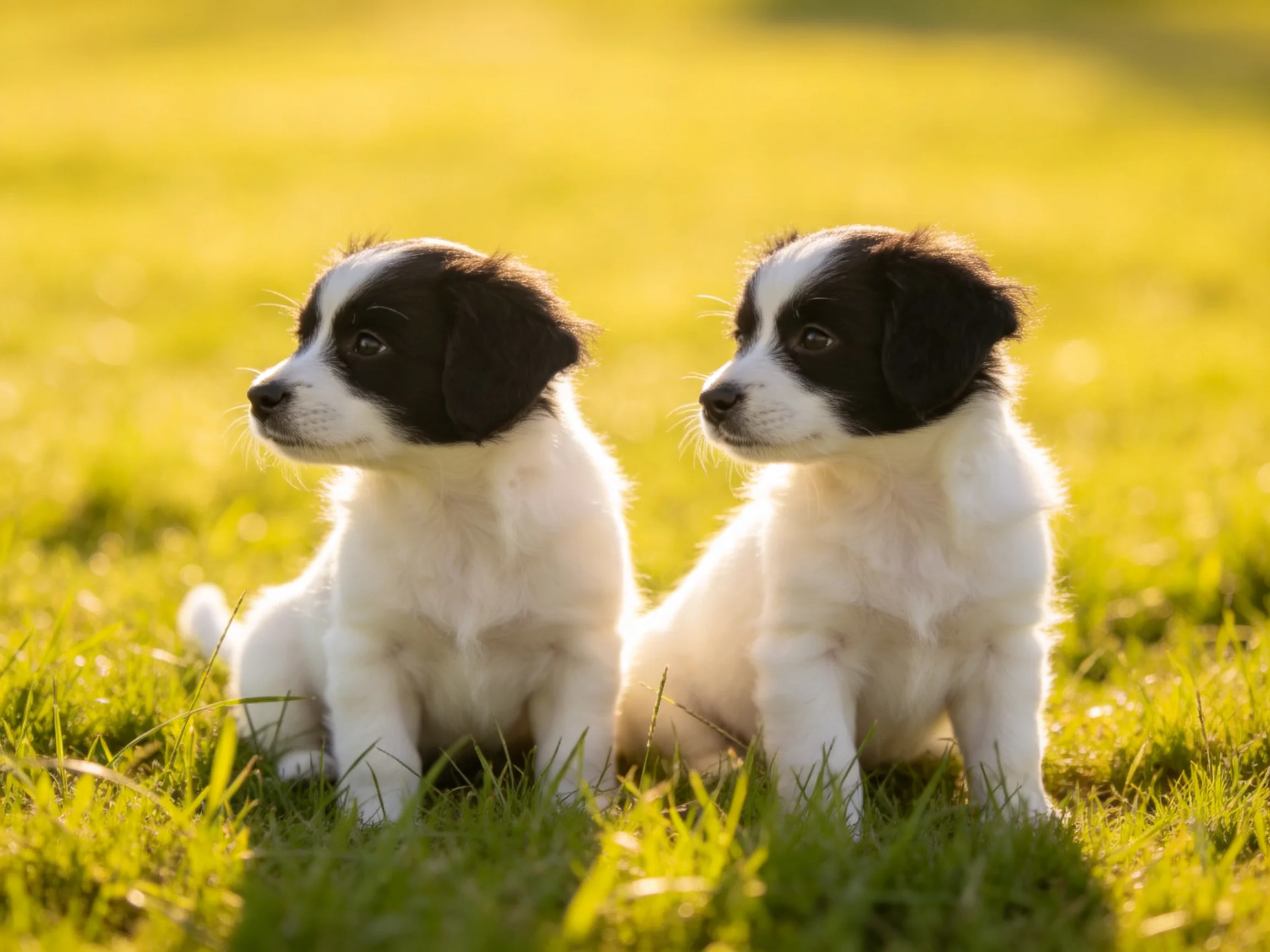 Two black - and - white puppies sitting on a sunlit green meadow