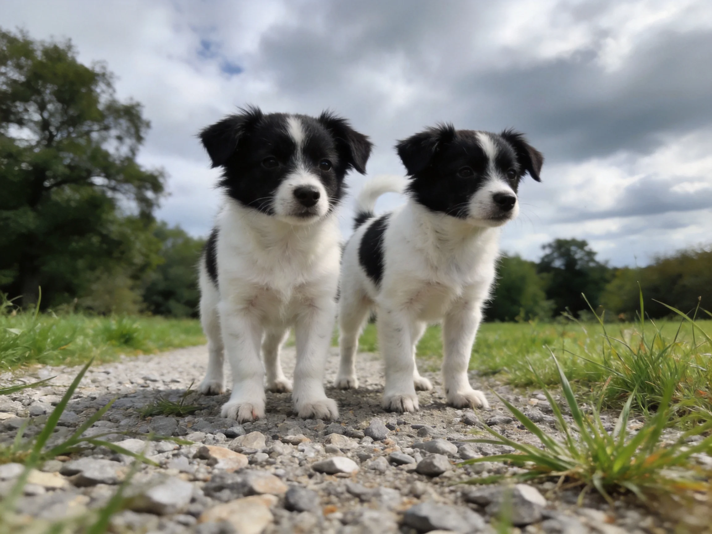 Two black - and - white puppies stand on a gravel path near greenery