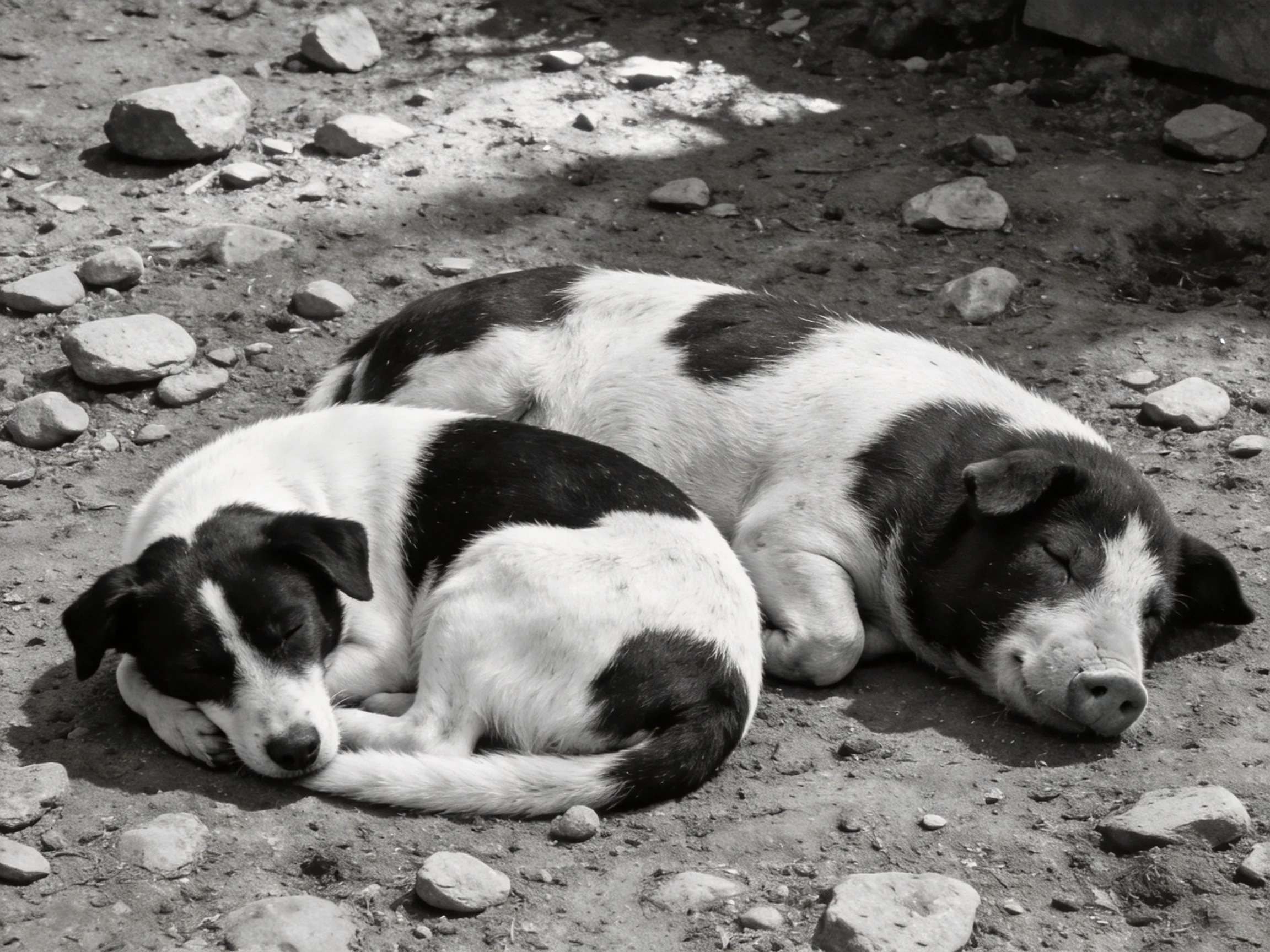 Two black-and-white pigs rest on a rocky dirt surface.