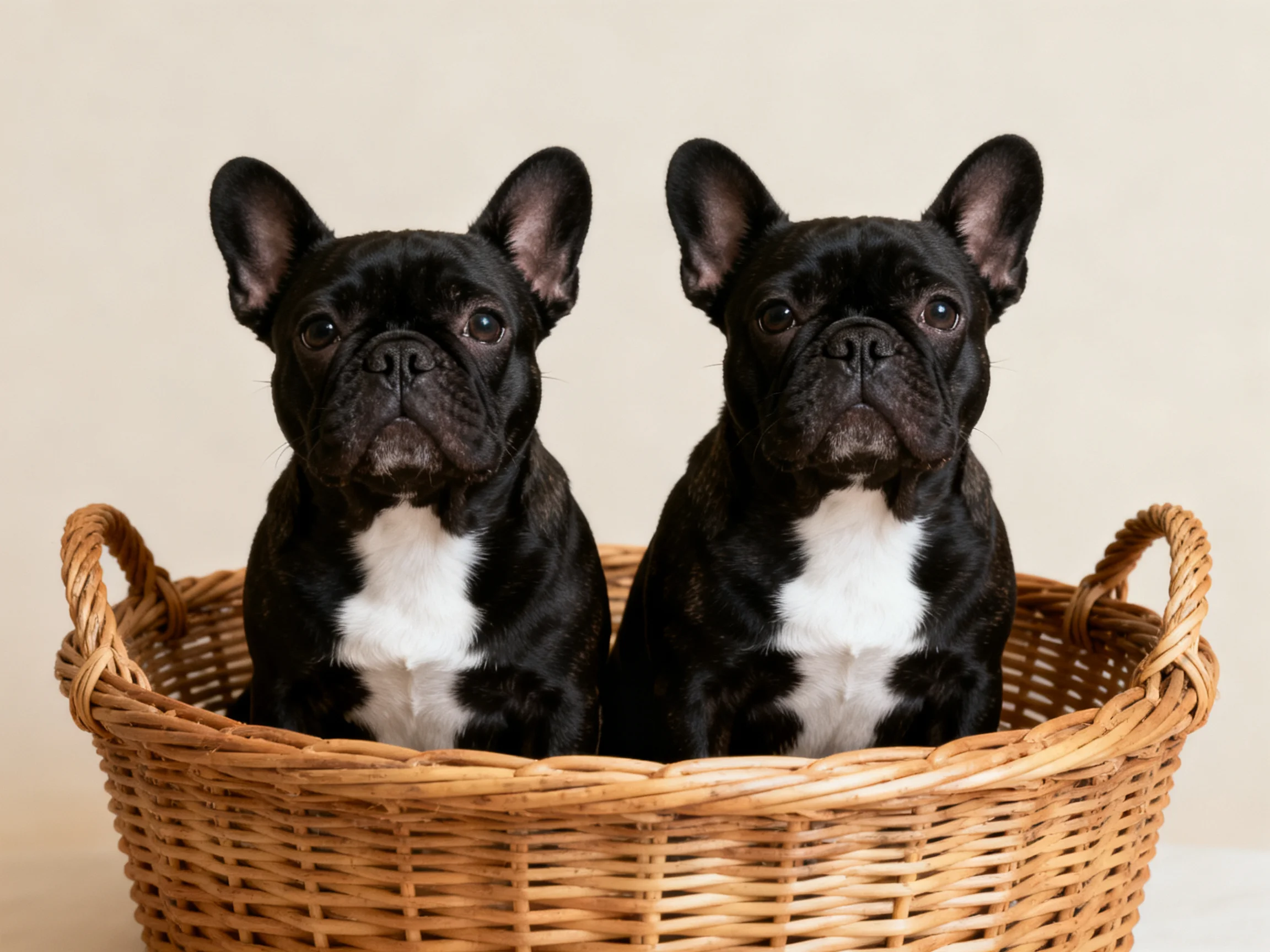 Two black French Bulldogs with white chests sit in a wicker basket