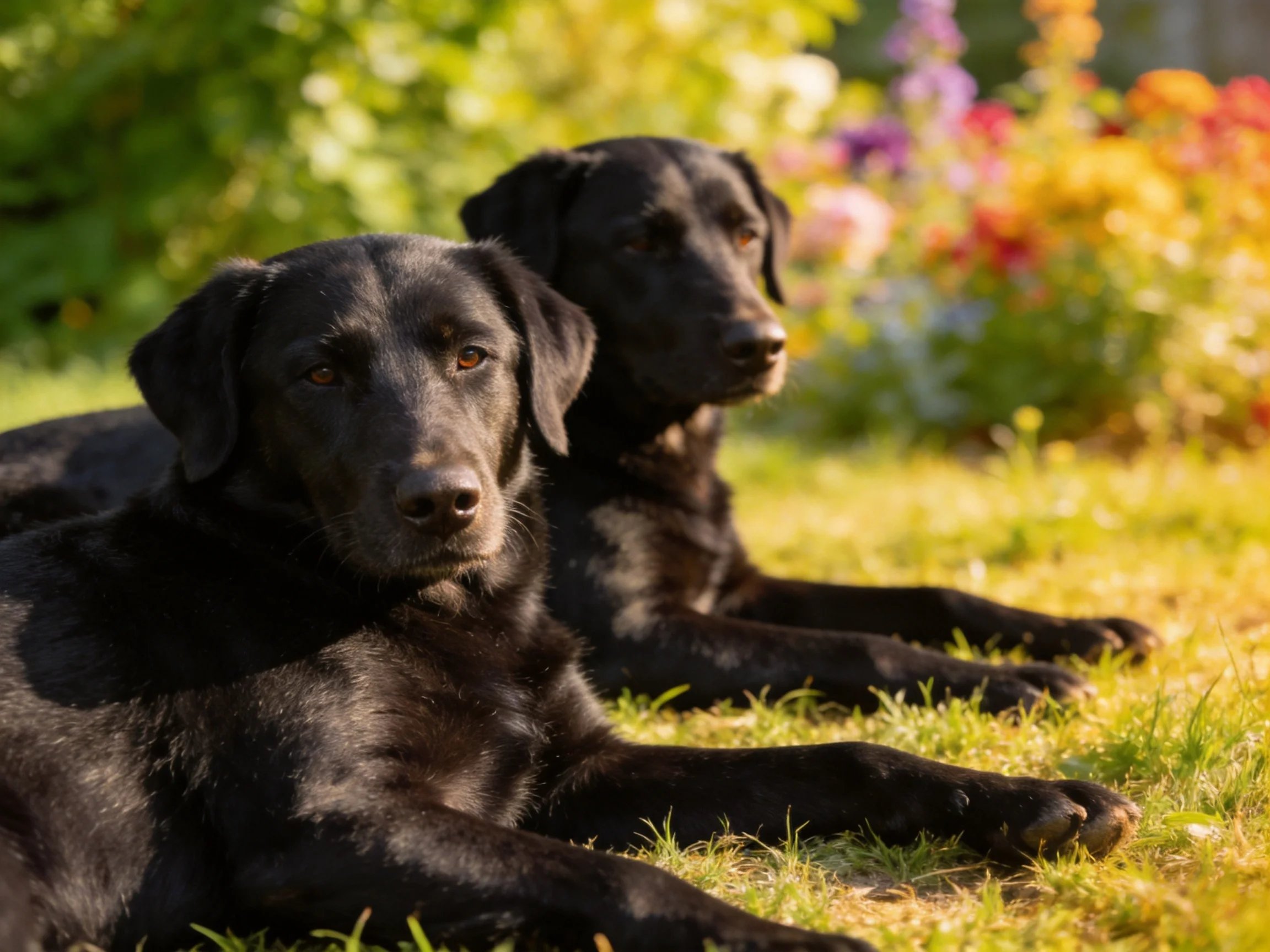 Two black Labradors rest on a sunlit grassy area with colorful flowers
