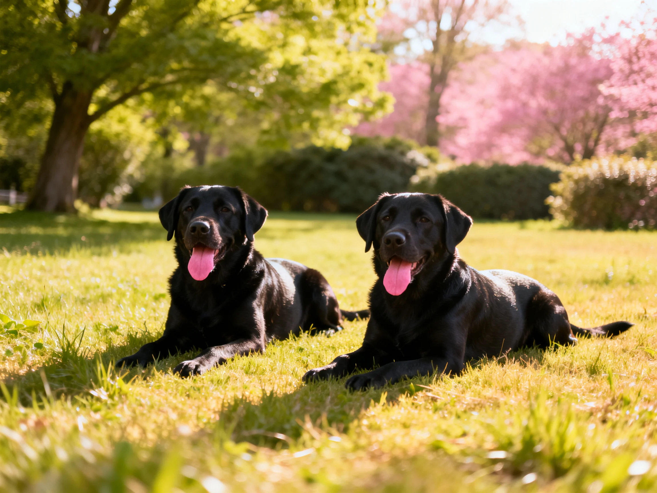 Two black Labradors rest on sunlit grass near blooming trees