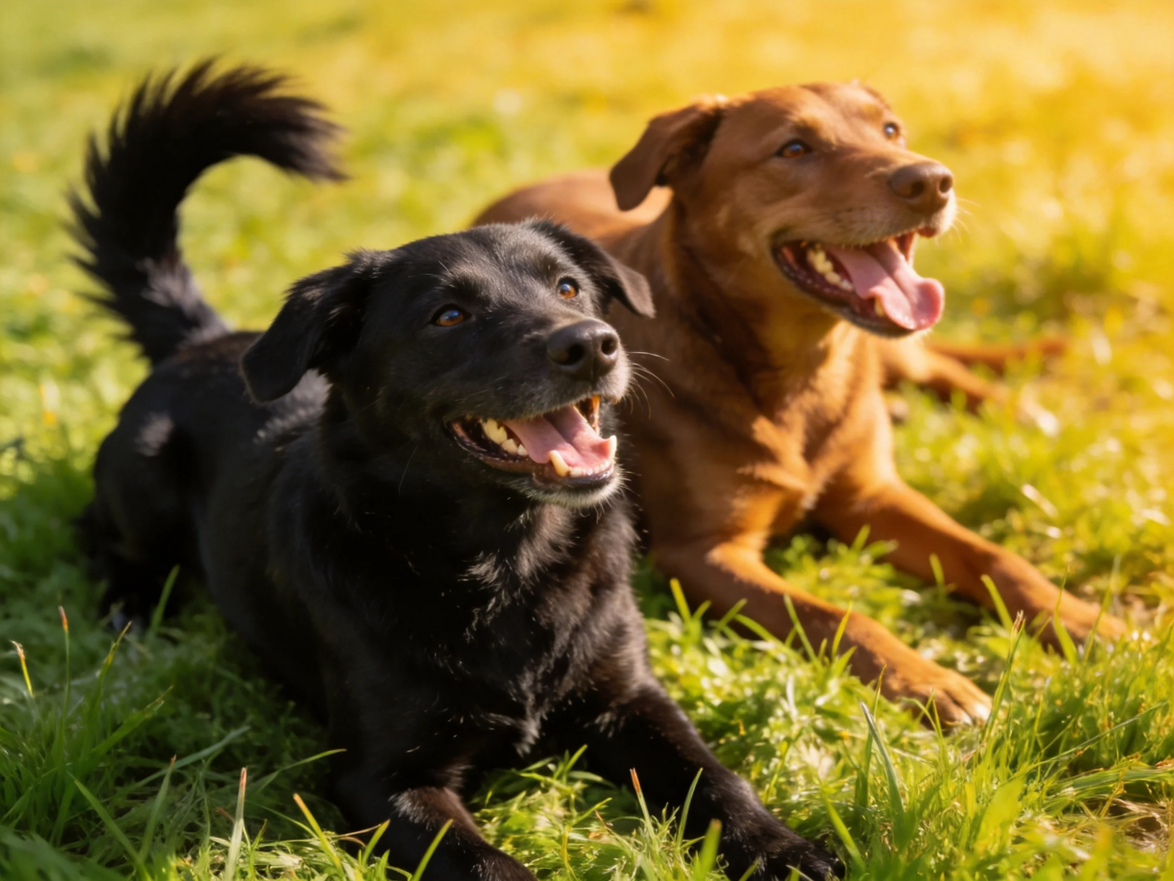 Two black and brown dogs relax on sunlit green grass