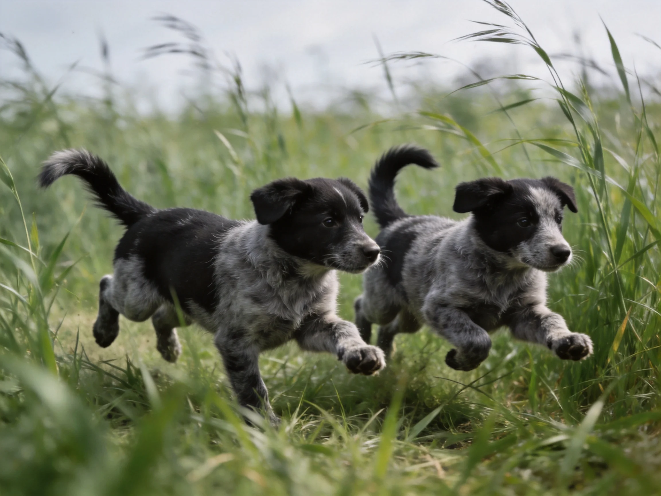 Two black-and-gray puppies sprinting through lush green grass