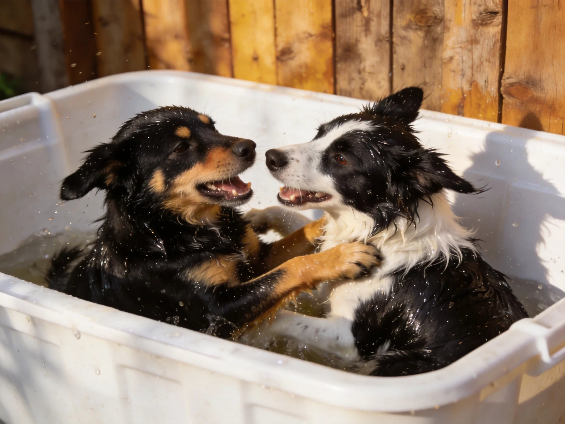 Two dogs play joyfully in an outdoor tub