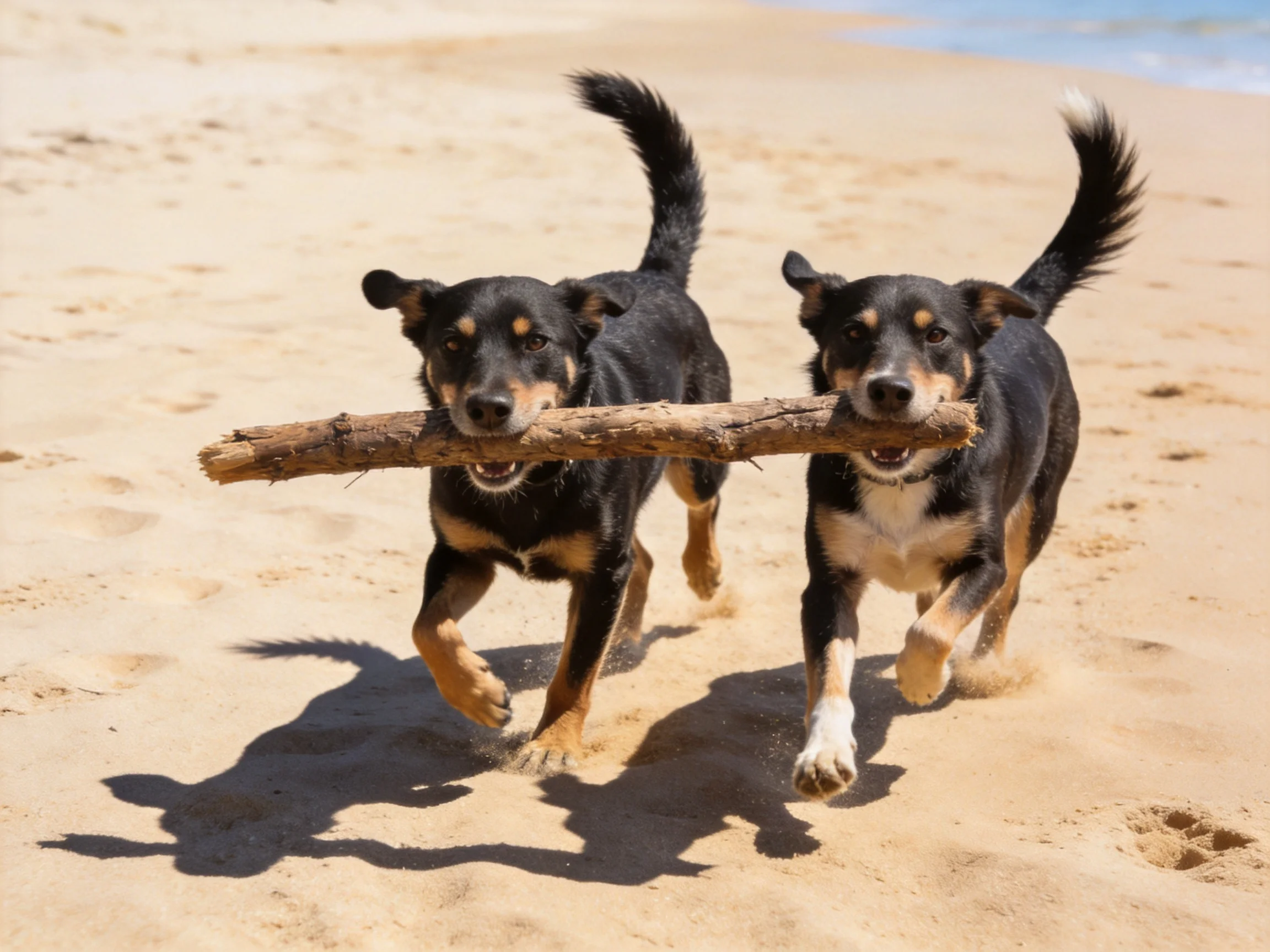 Two black and tan dogs run on a sandy beach carrying a large stick.