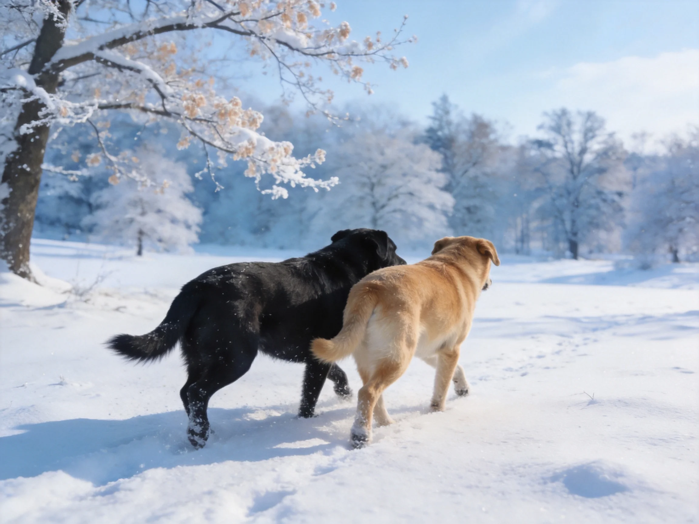 Two black and tan dogs explore a snow-draped winter landscape