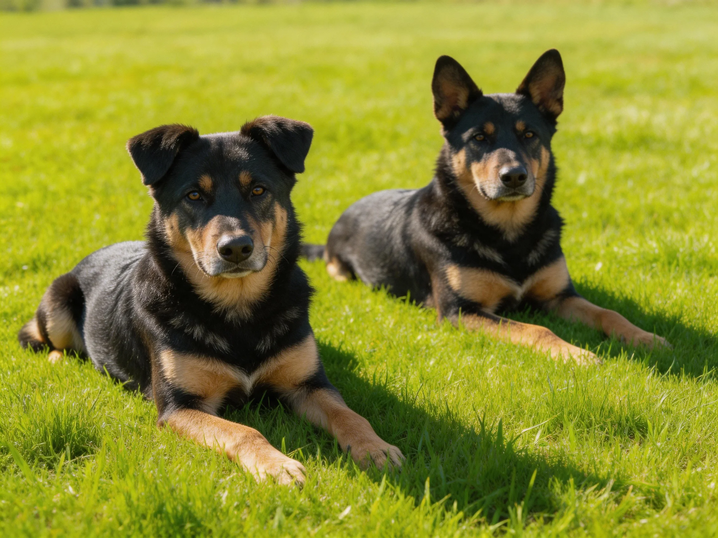 Two black and tan dogs relax on green grass in sunlight