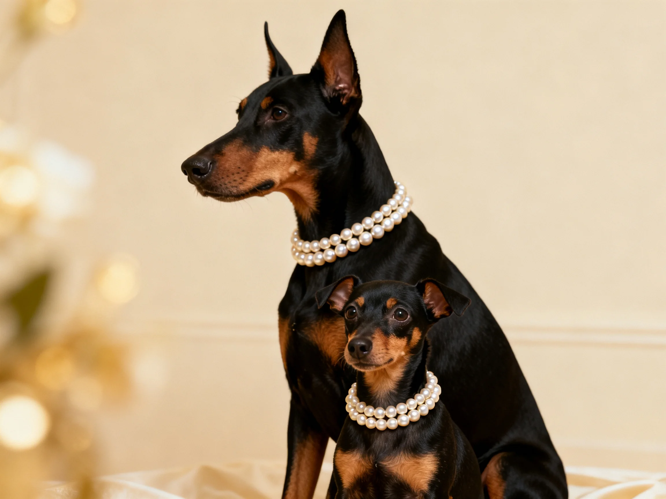 Two black and tan dogs with pearl necklaces are posed together.