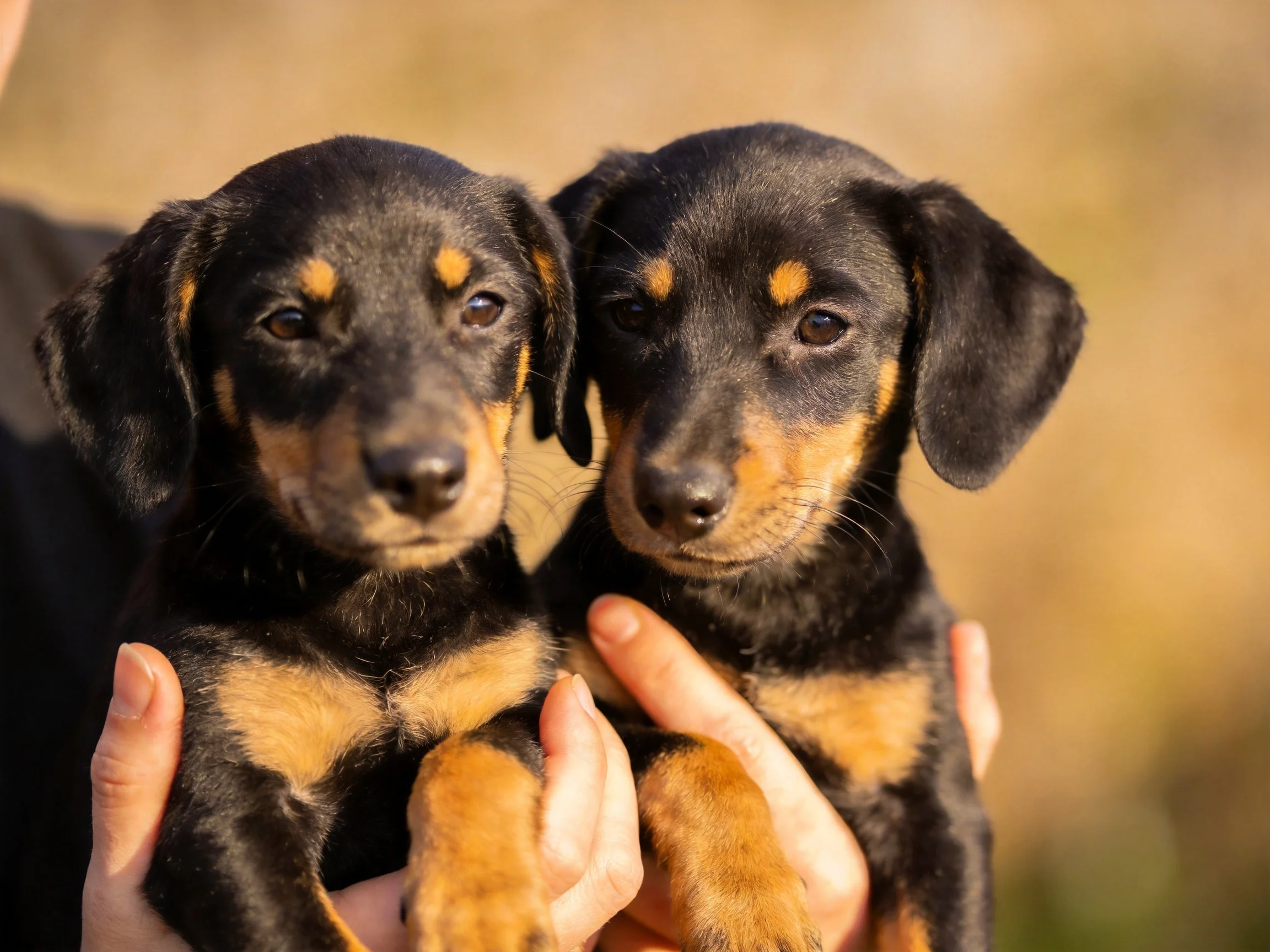 Two black and tan puppies nestled together in human hands
