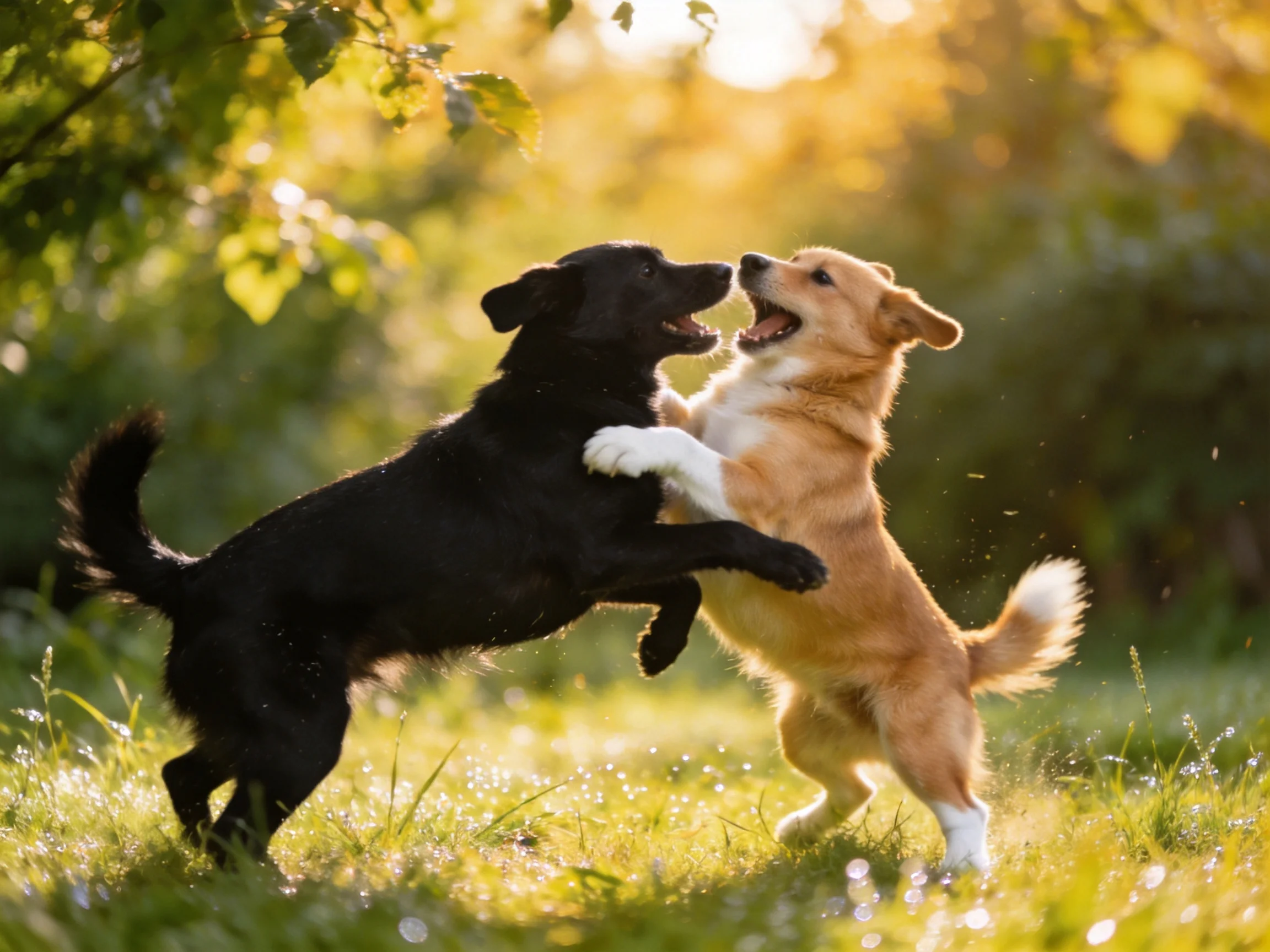 Two black and tan puppies play energetically in a sunlit meadow