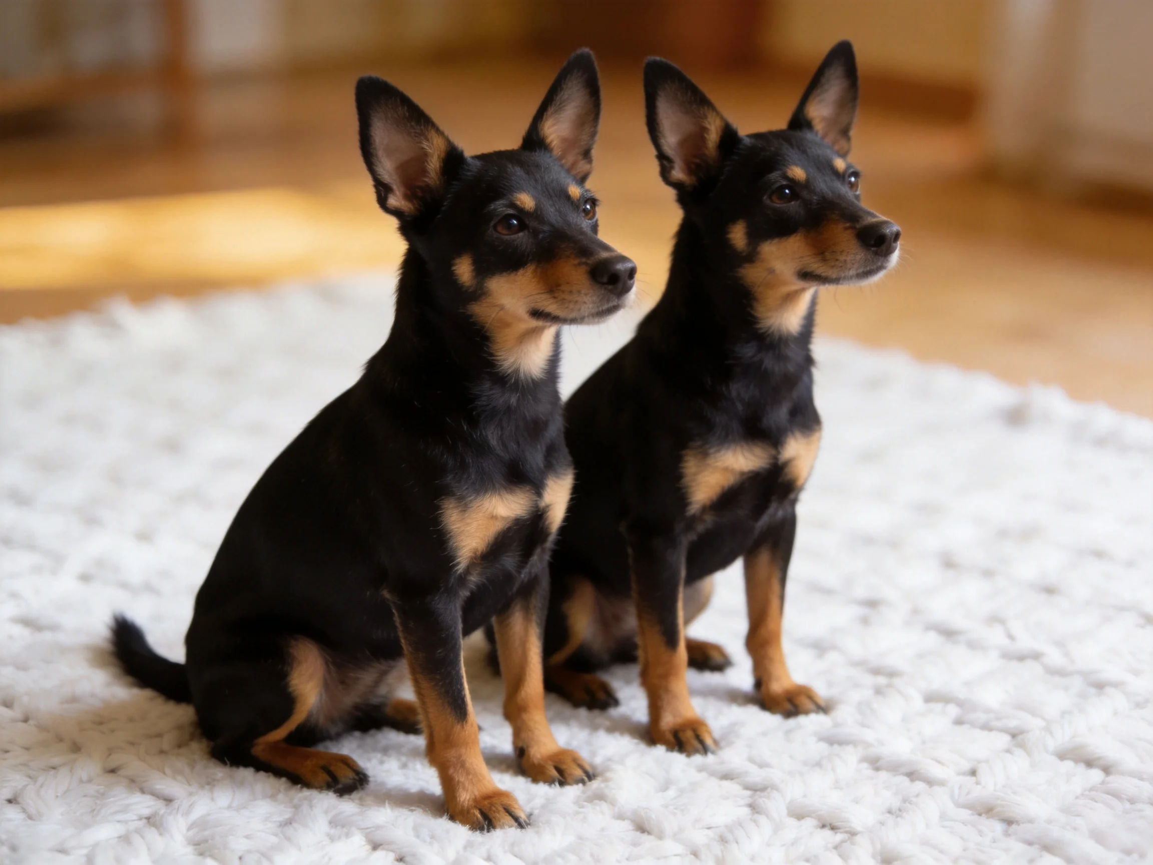 Two small black and tan dogs sit attentively on a soft indoor rug.