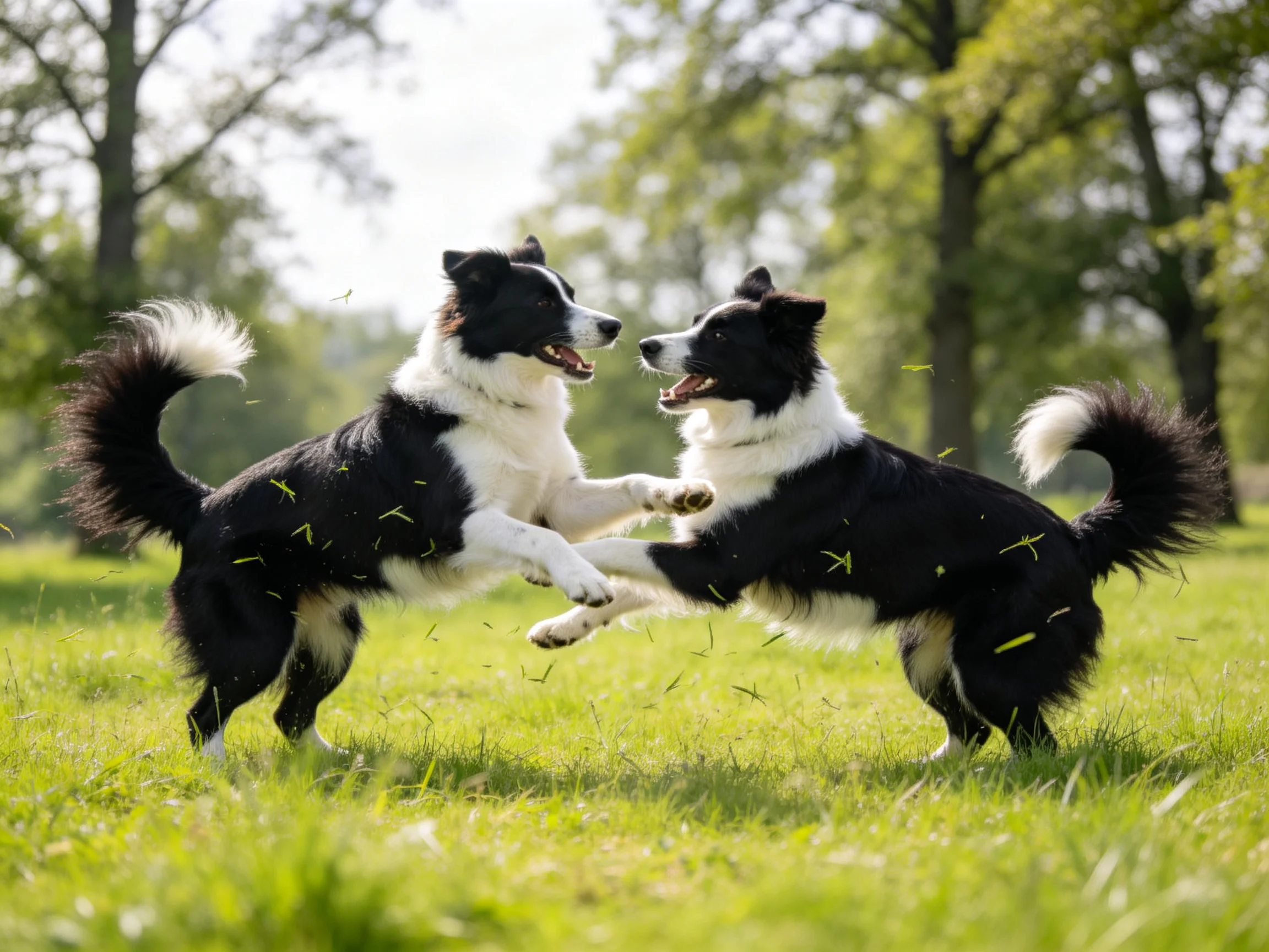 Two black-and-white Border Collies play in a sunlit meadow