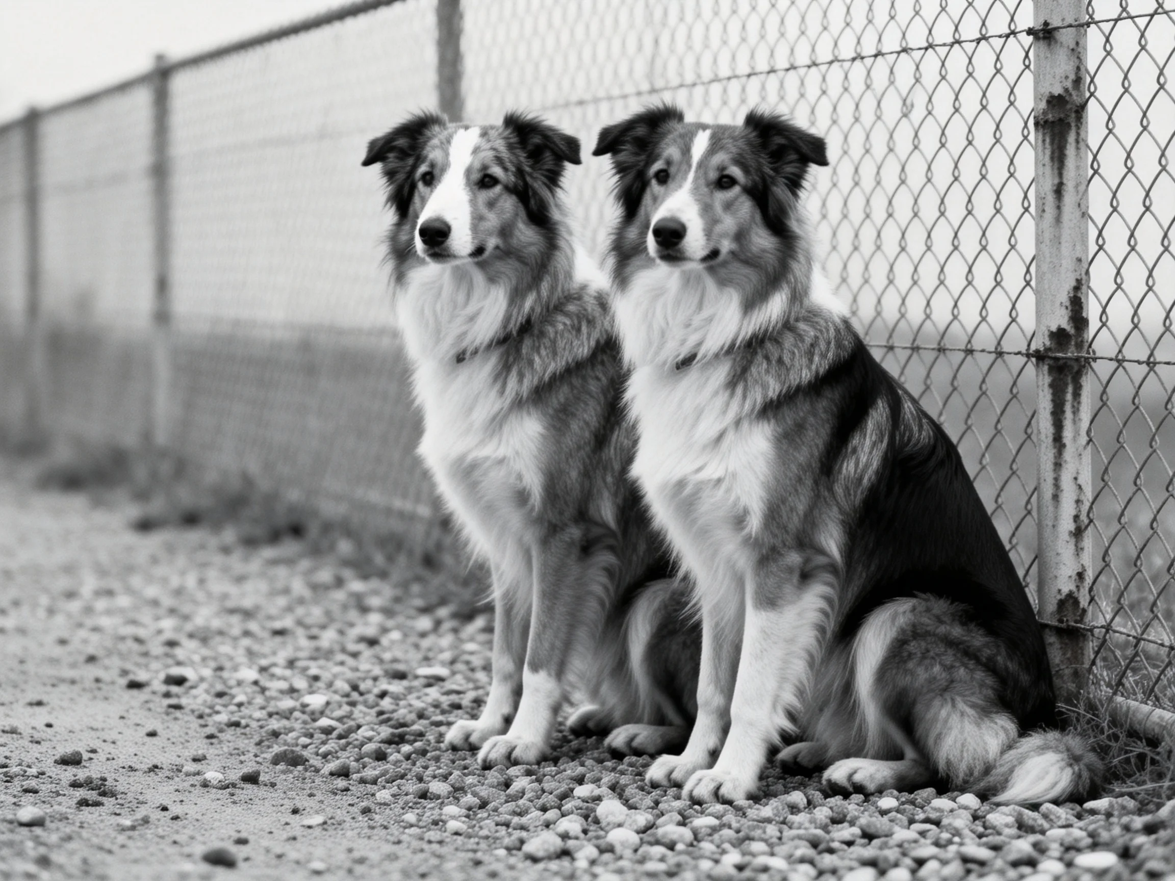 Two black-and-white Border Collies sit beside a chain-link fence