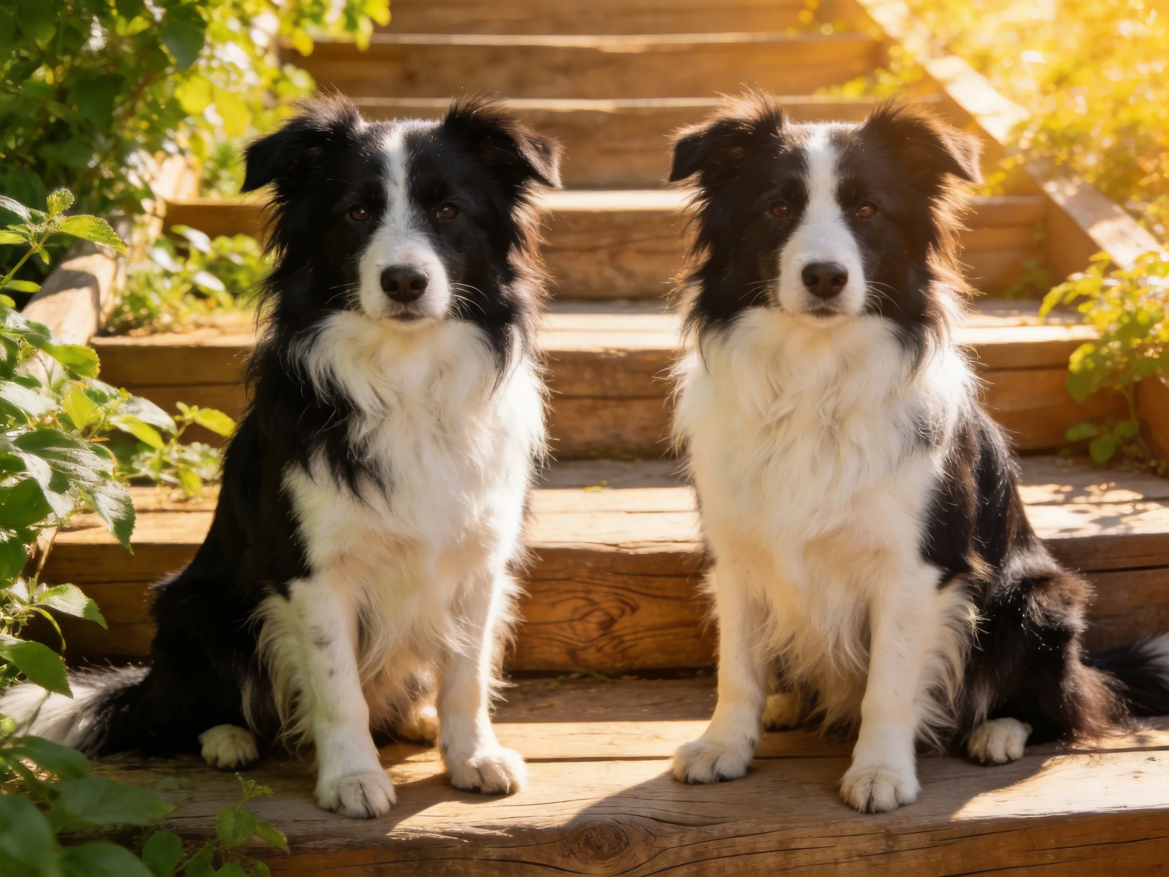 Two black-and-white Border Collies sit on wooden outdoor stairs