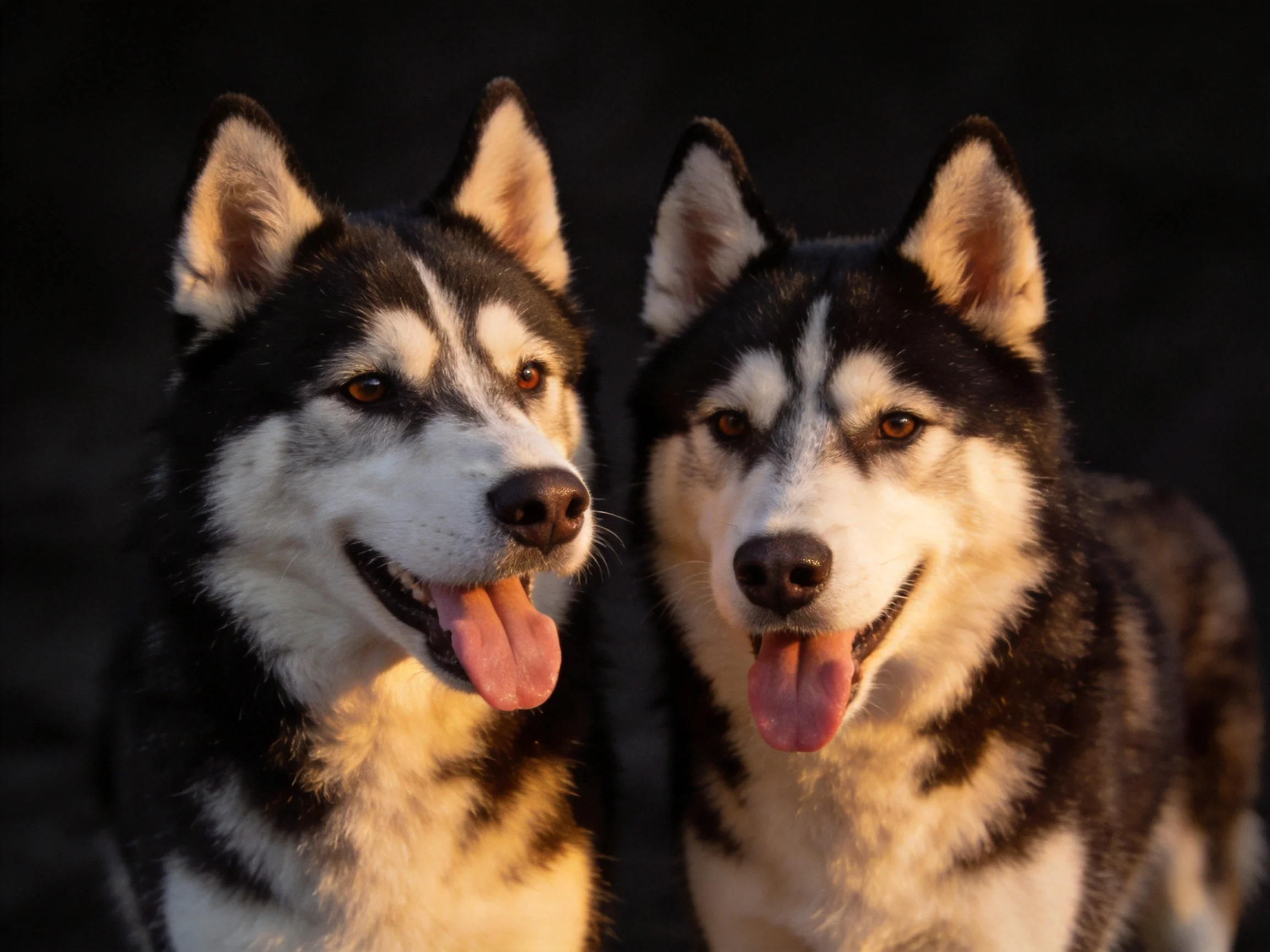Two black-and-white Siberian Huskies posed against a dark backdrop