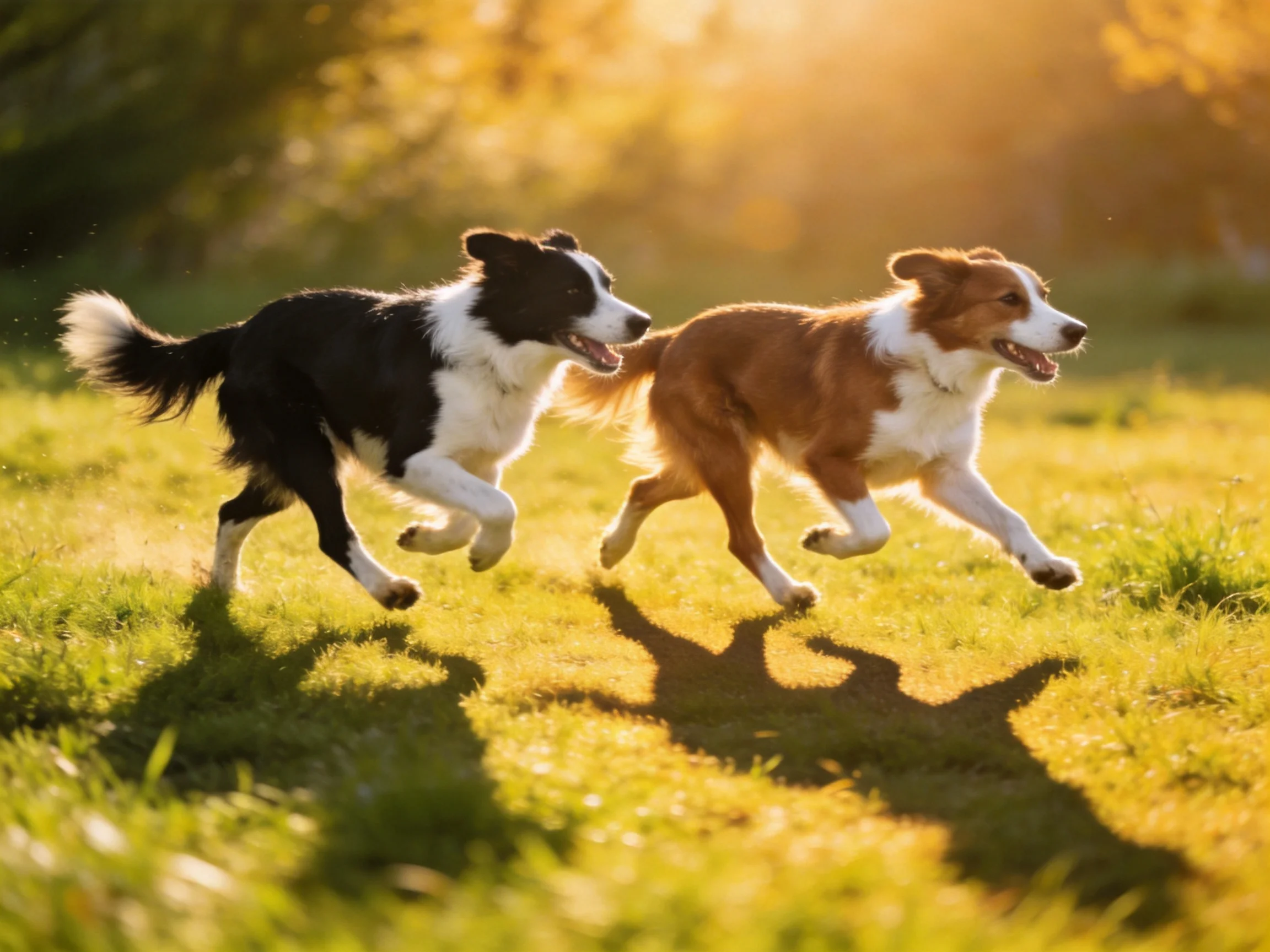 Two dogs of different colors run together on sunlit grass.