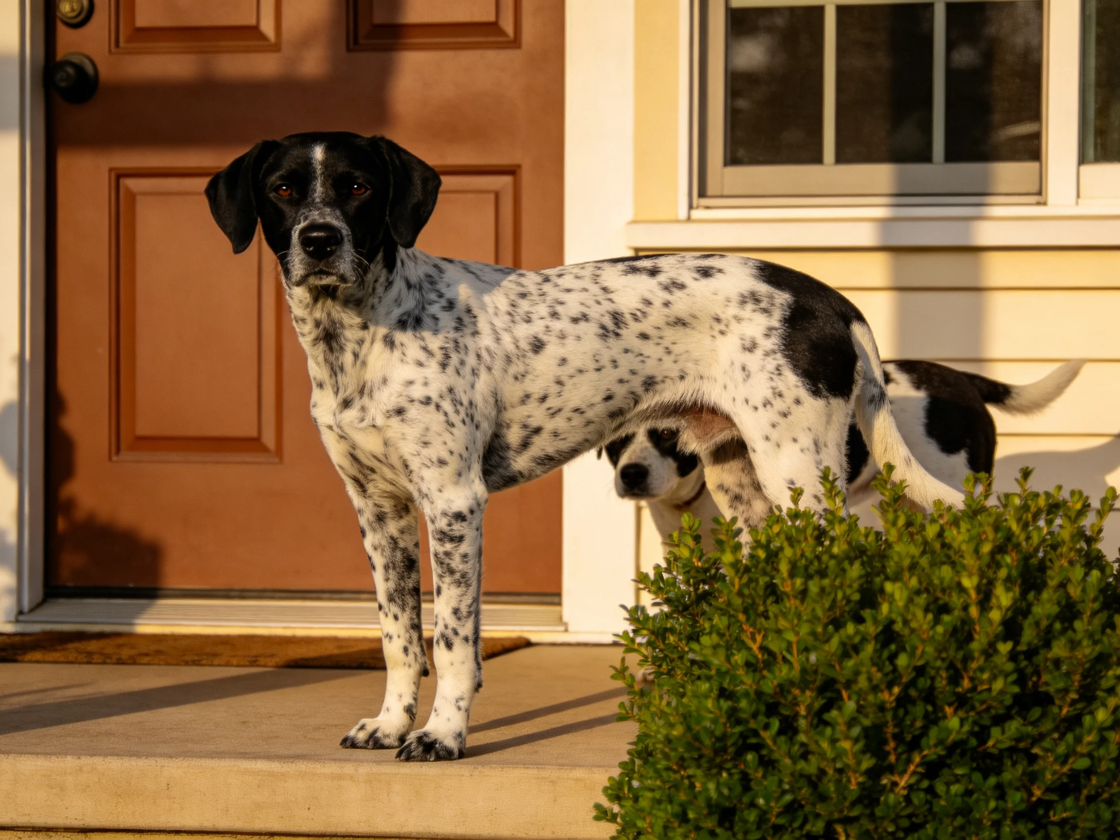 Two black-and-white dogs stand near a brown front door, one larger than the other.