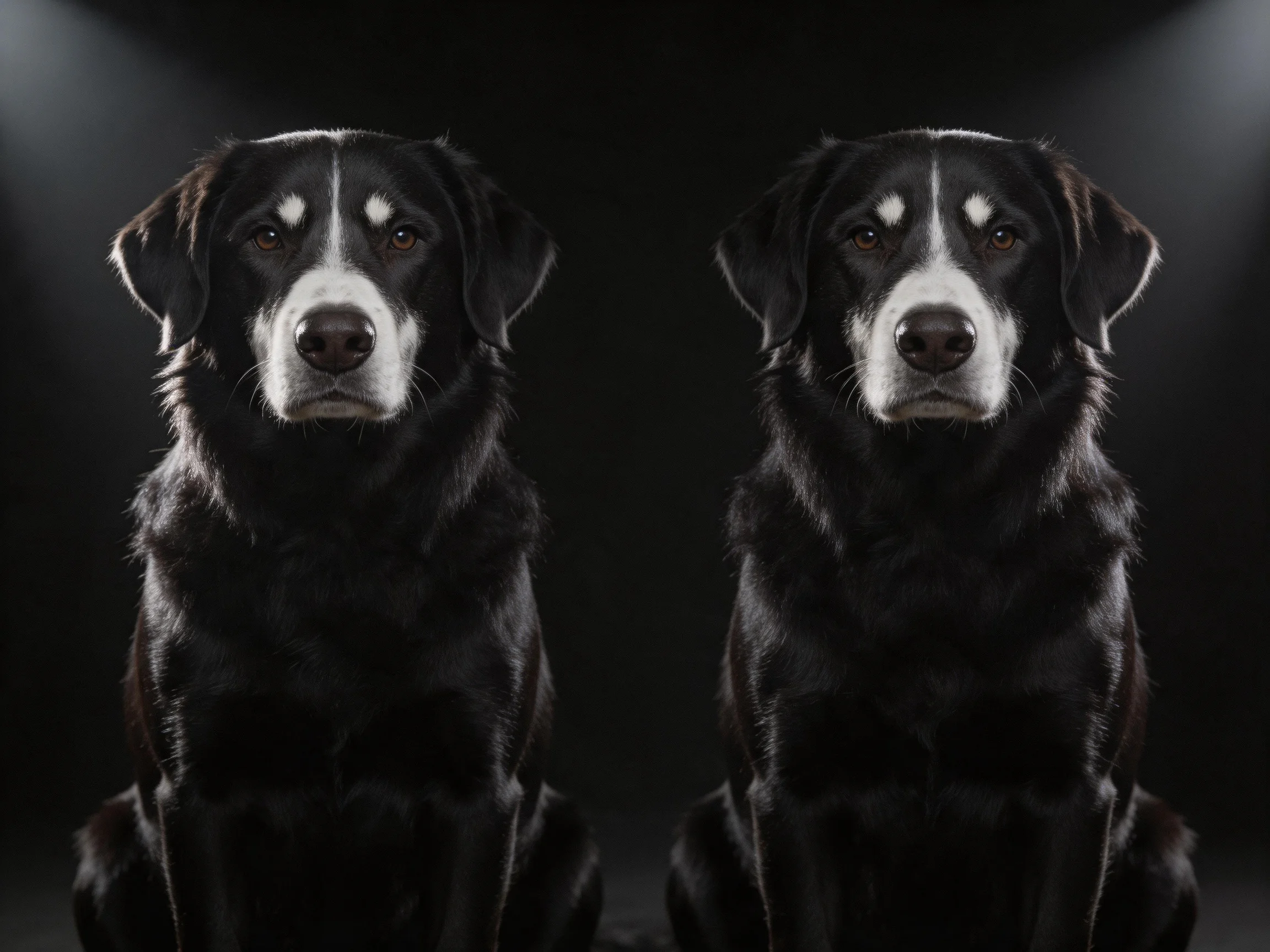 Two black and white dogs posed symmetrically against a dark backdrop