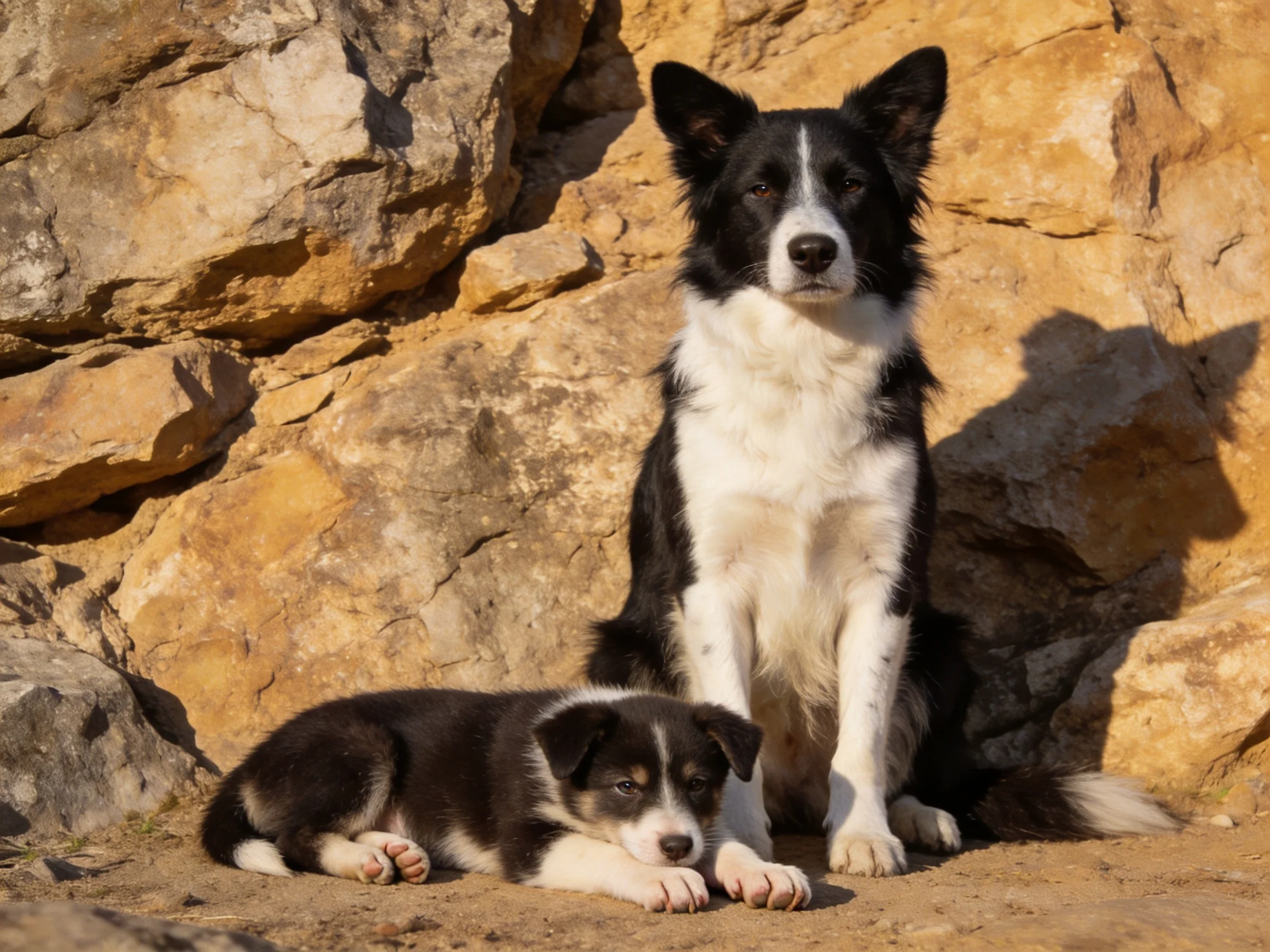 An adult dog and puppy rest together against a rocky backdrop.