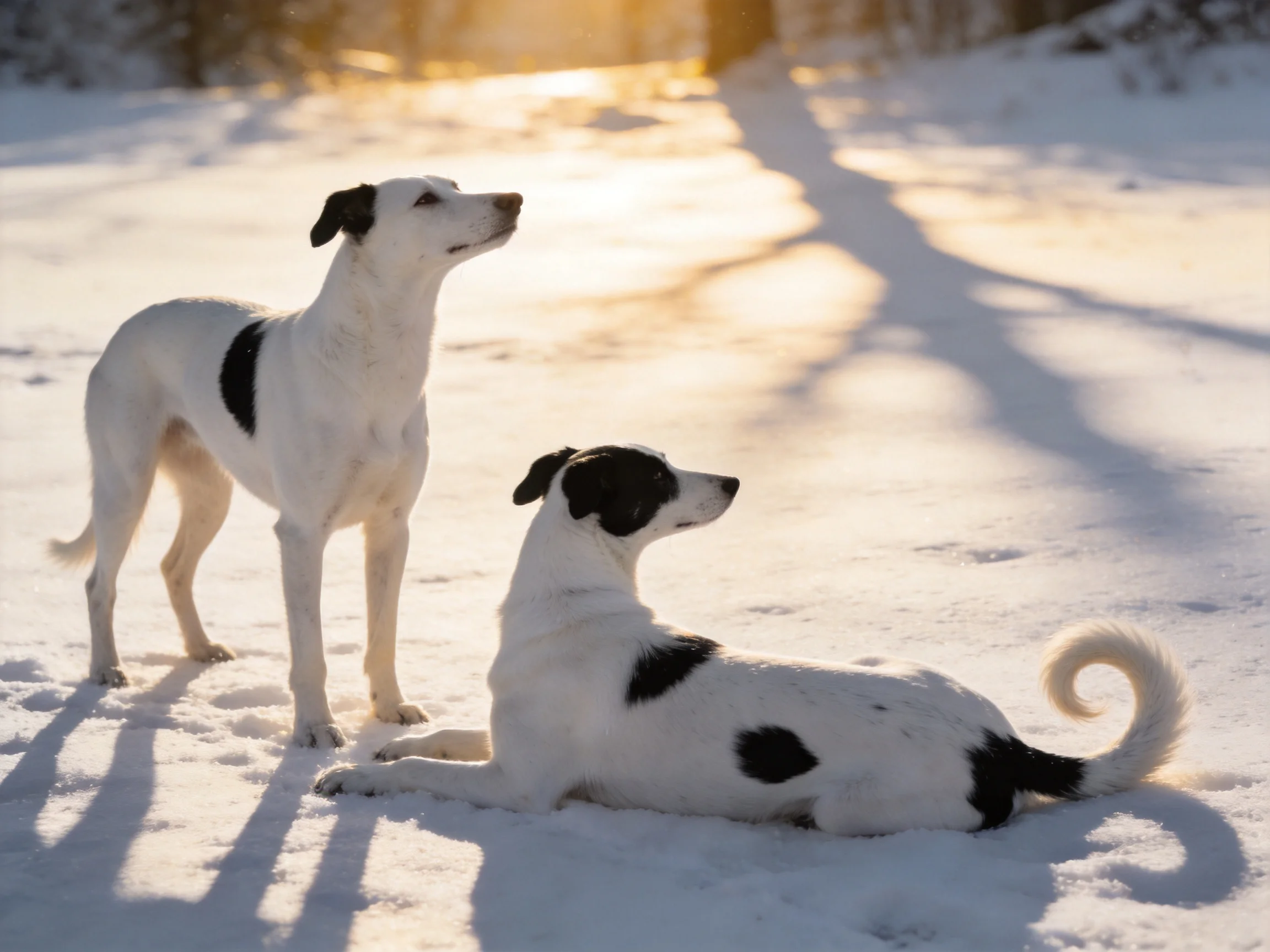 Two black-and-white dogs stand and lie on snow in sunlight