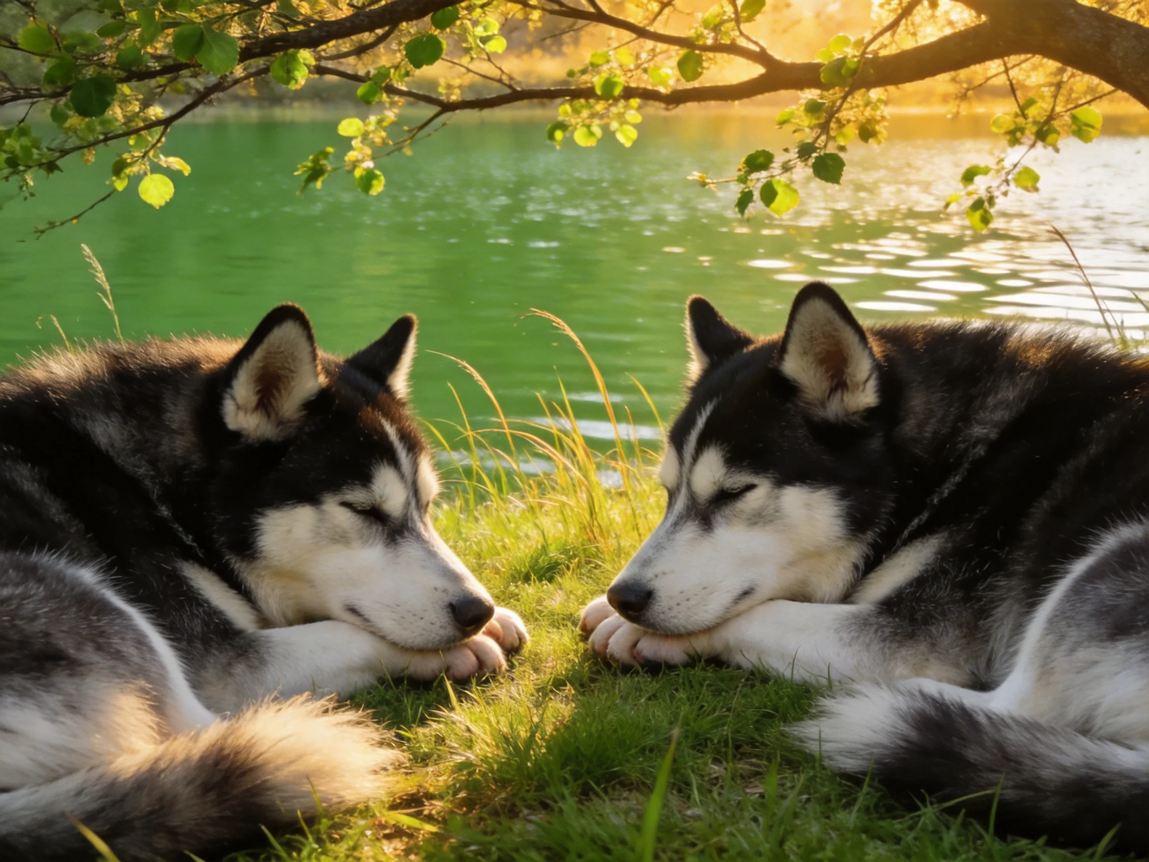 Two black-and-white huskies rest near a green lake under golden sunlight
