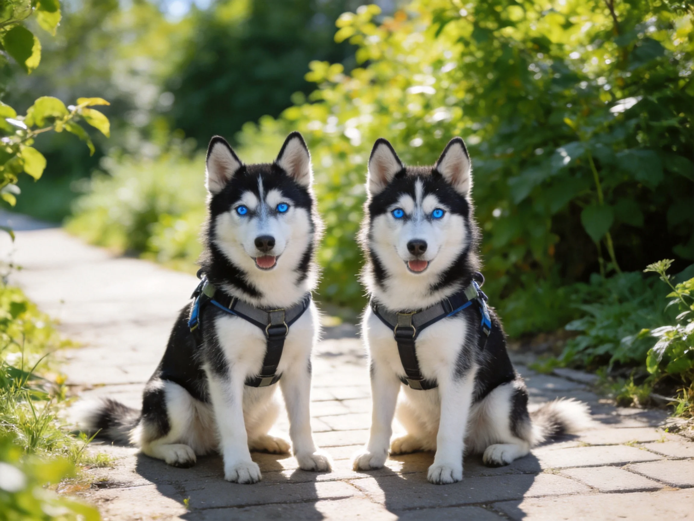 Two black-and-white huskies with bright blue eyes sit on a stone path
