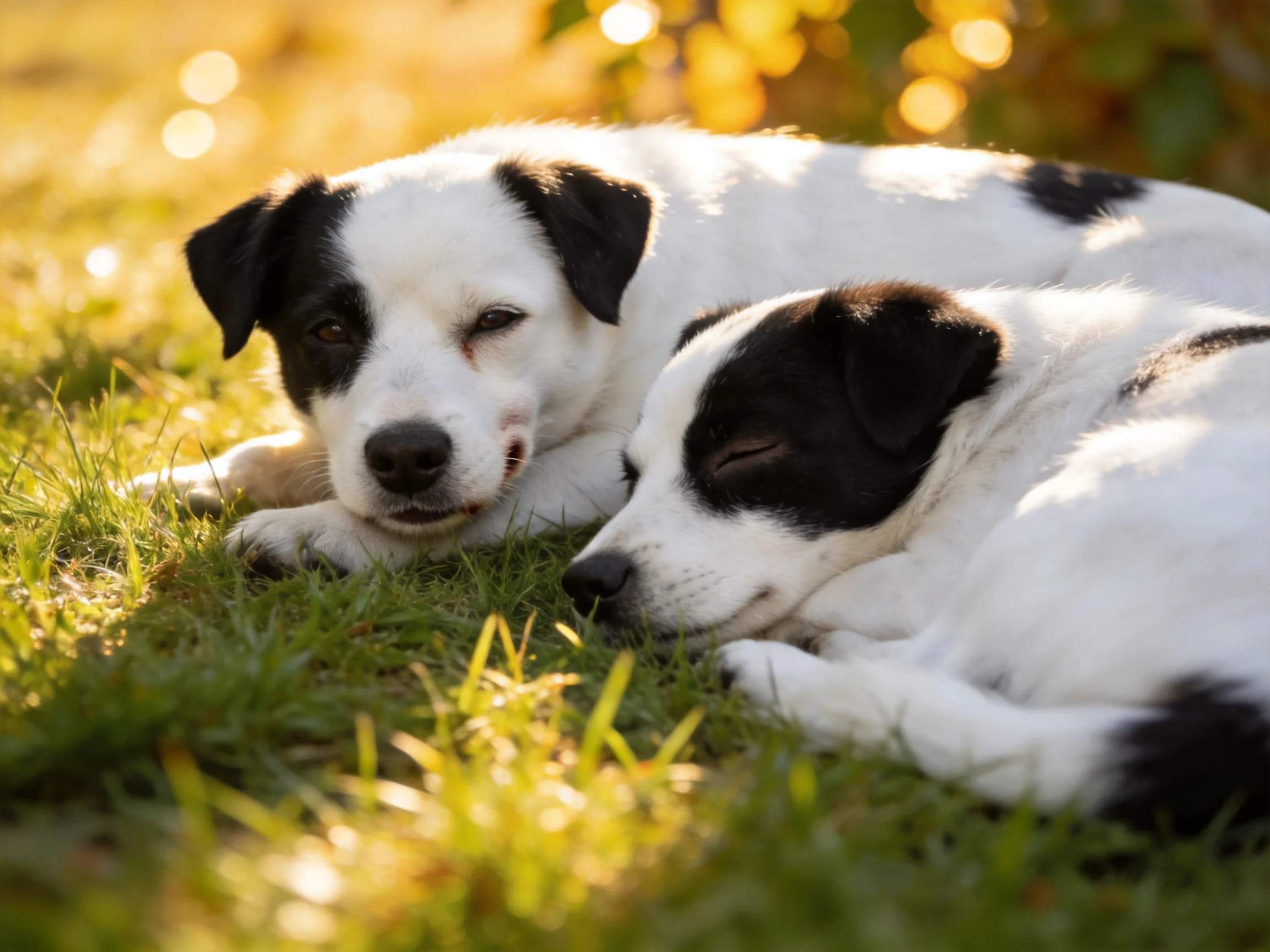 Two black-and-white puppies resting on sunlit green grass