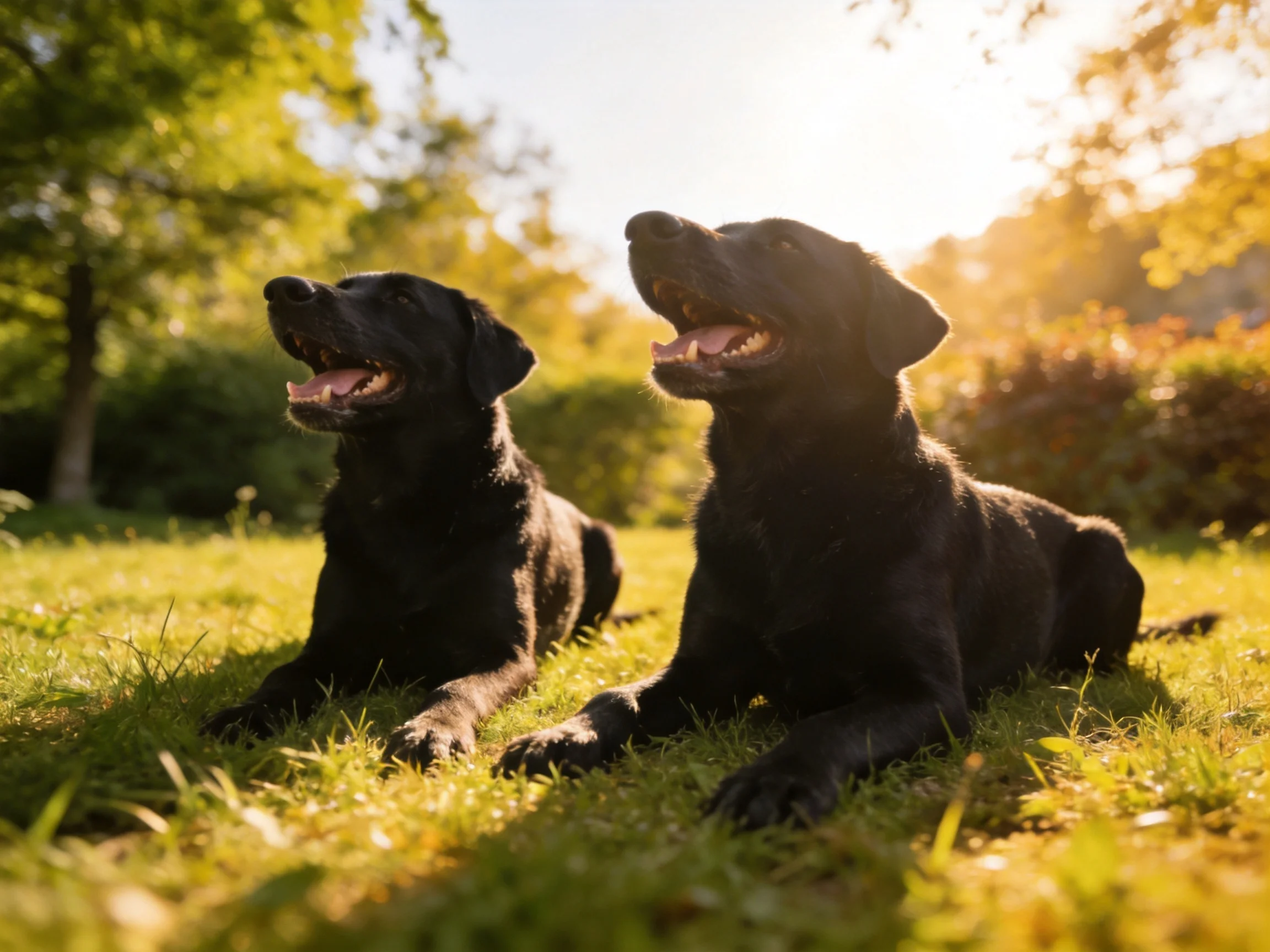 Two black dogs lounge on sun-drenched grass near leafy trees