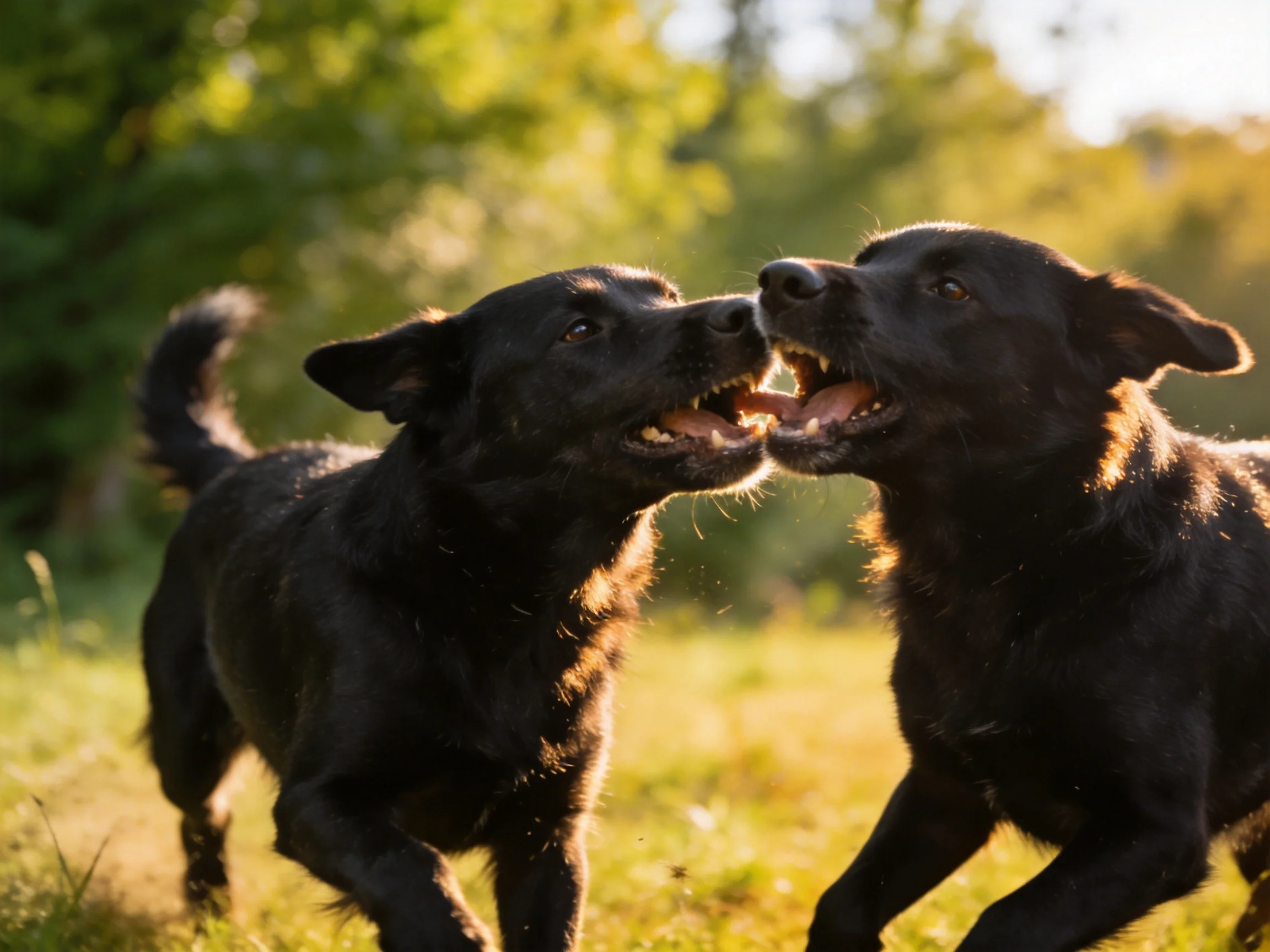 Two black dogs playfully interacting in a sunlit grassy area