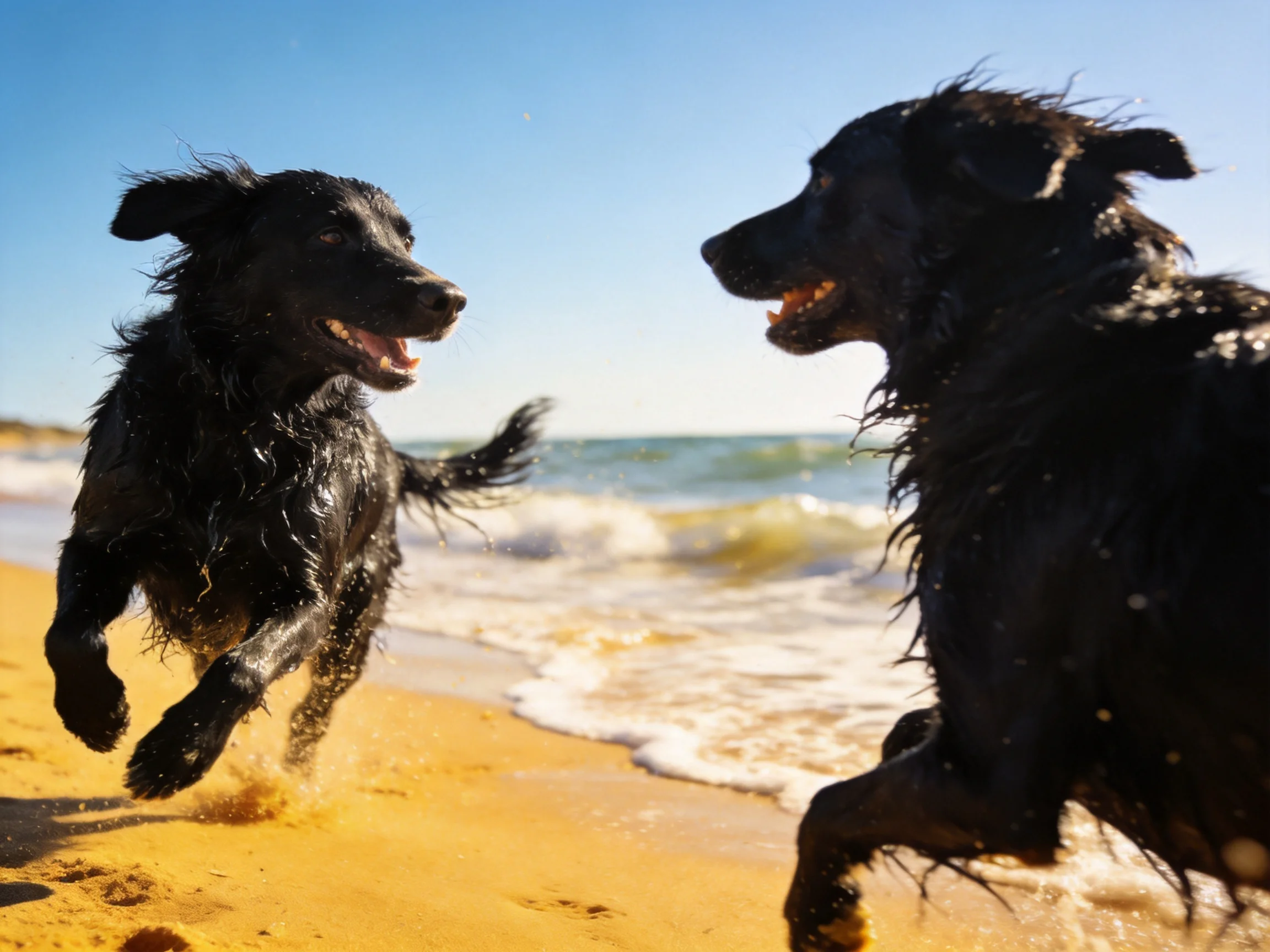 Two black dogs playfully running on a sandy beach by the ocean