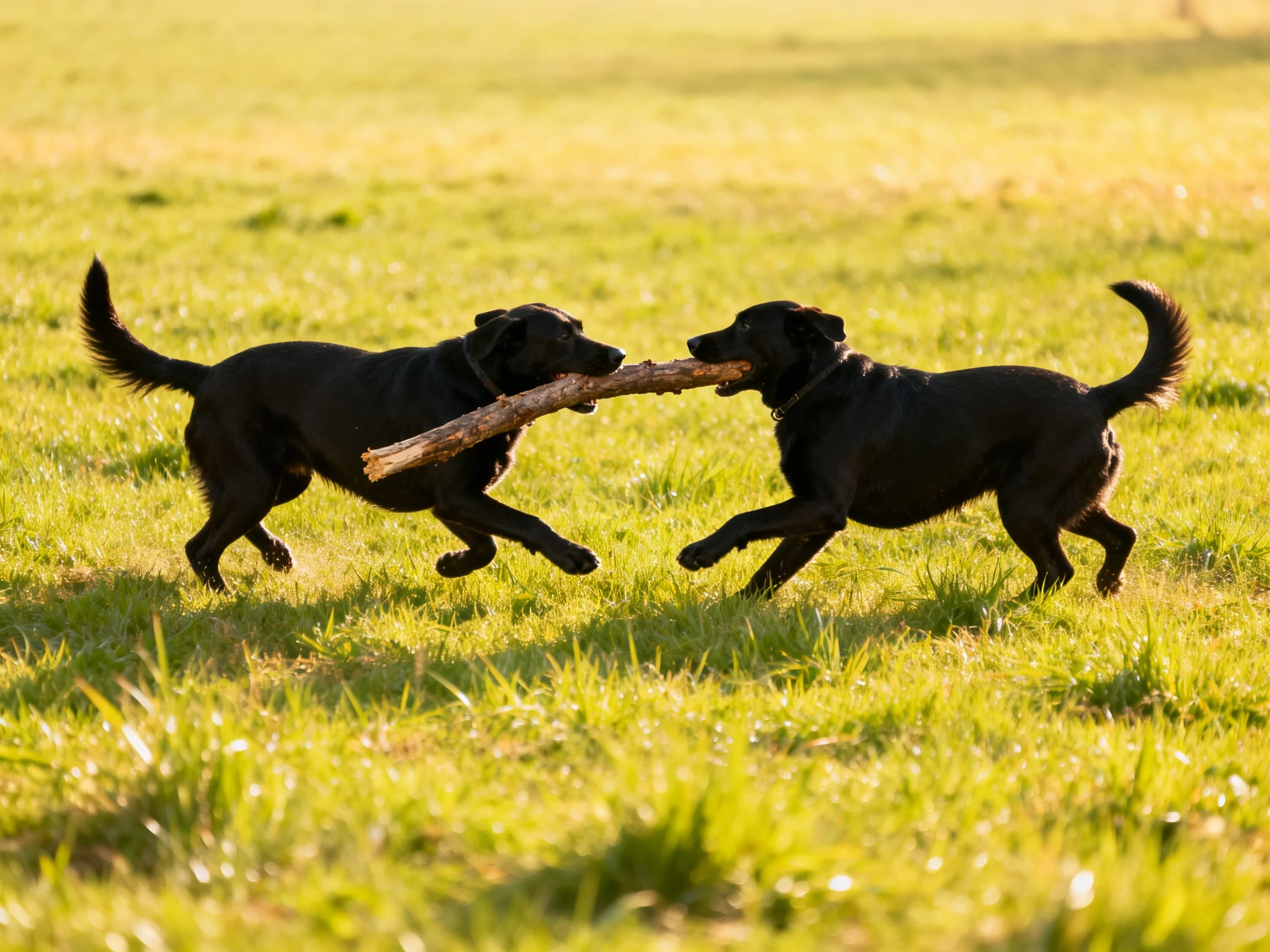 Two black dogs playfully tugging a thick wooden stick in a sunlit meadow