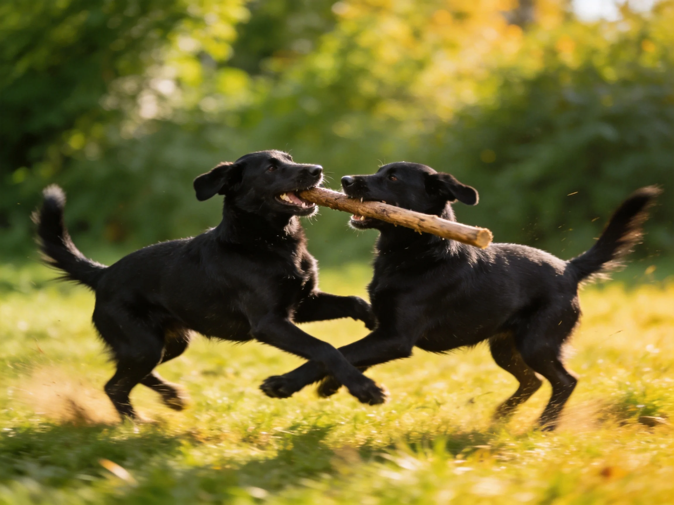 Two black dogs playfully tugging a wooden stick in a sunlit meadow