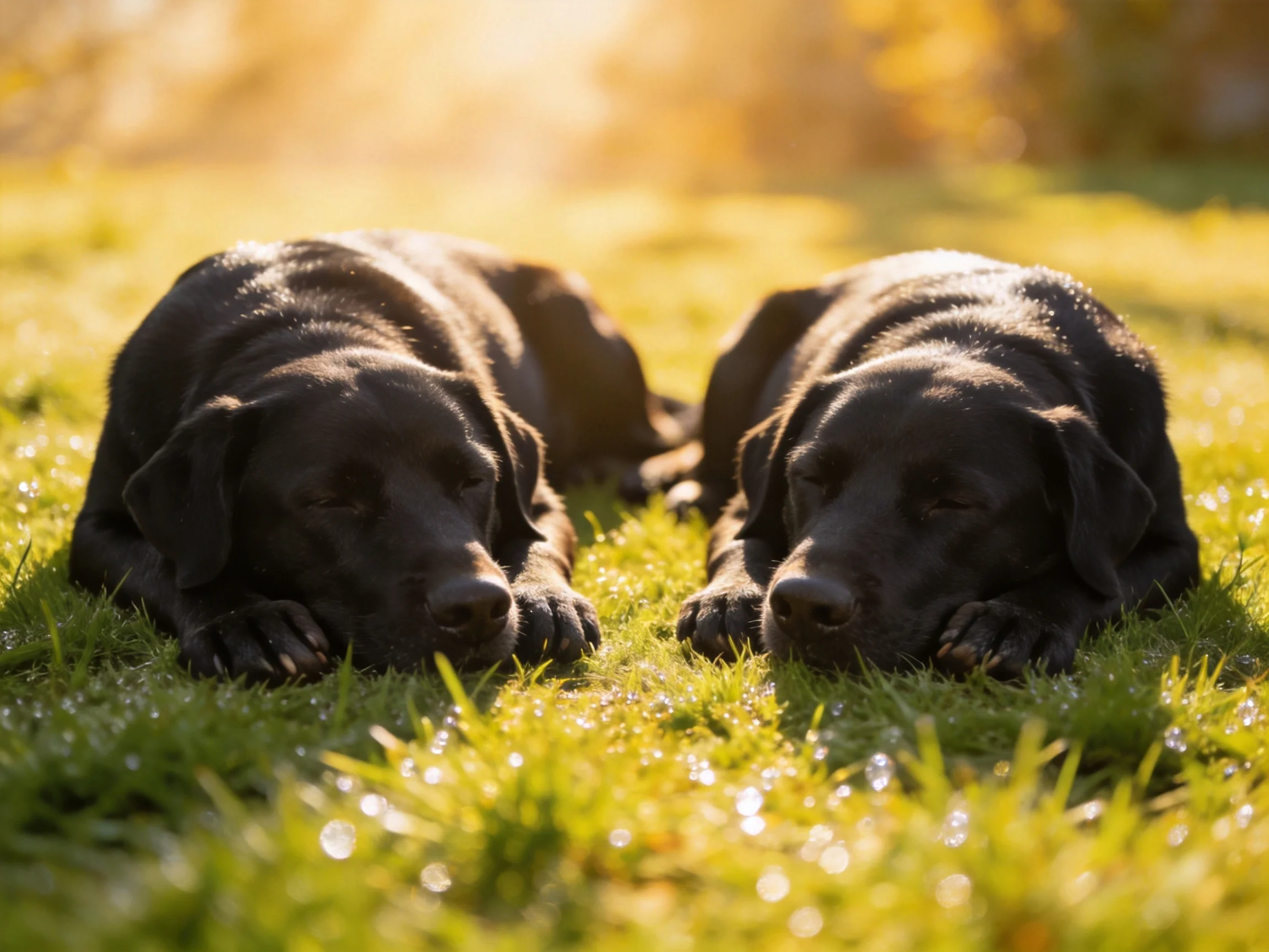 Two black dogs rest side by side on grass in bright sunlight.