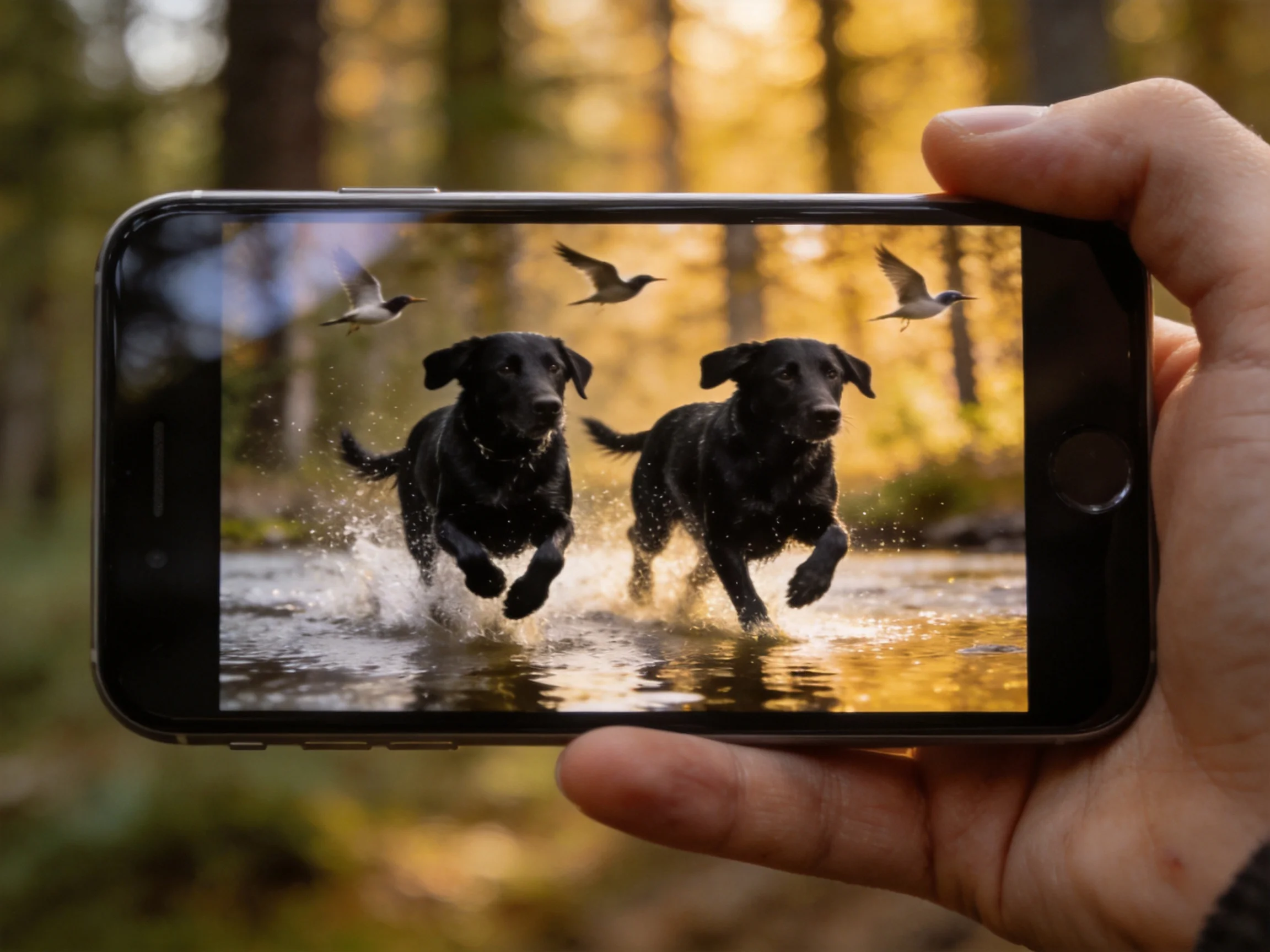 Two black dogs running through water, birds flying, displayed on a smartphone