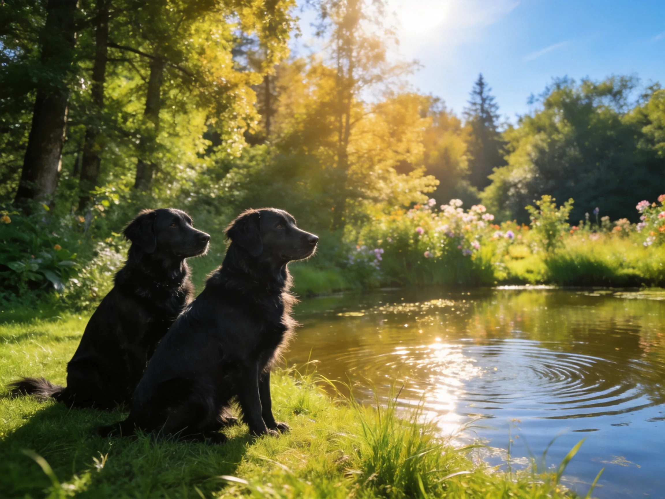 Two black dogs sit by a sunlit pond amid lush greenery