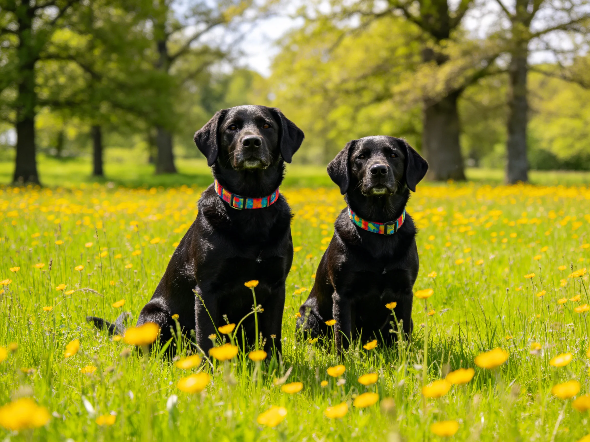 Two black dogs with colorful collars rest in a field of yellow flowers near trees