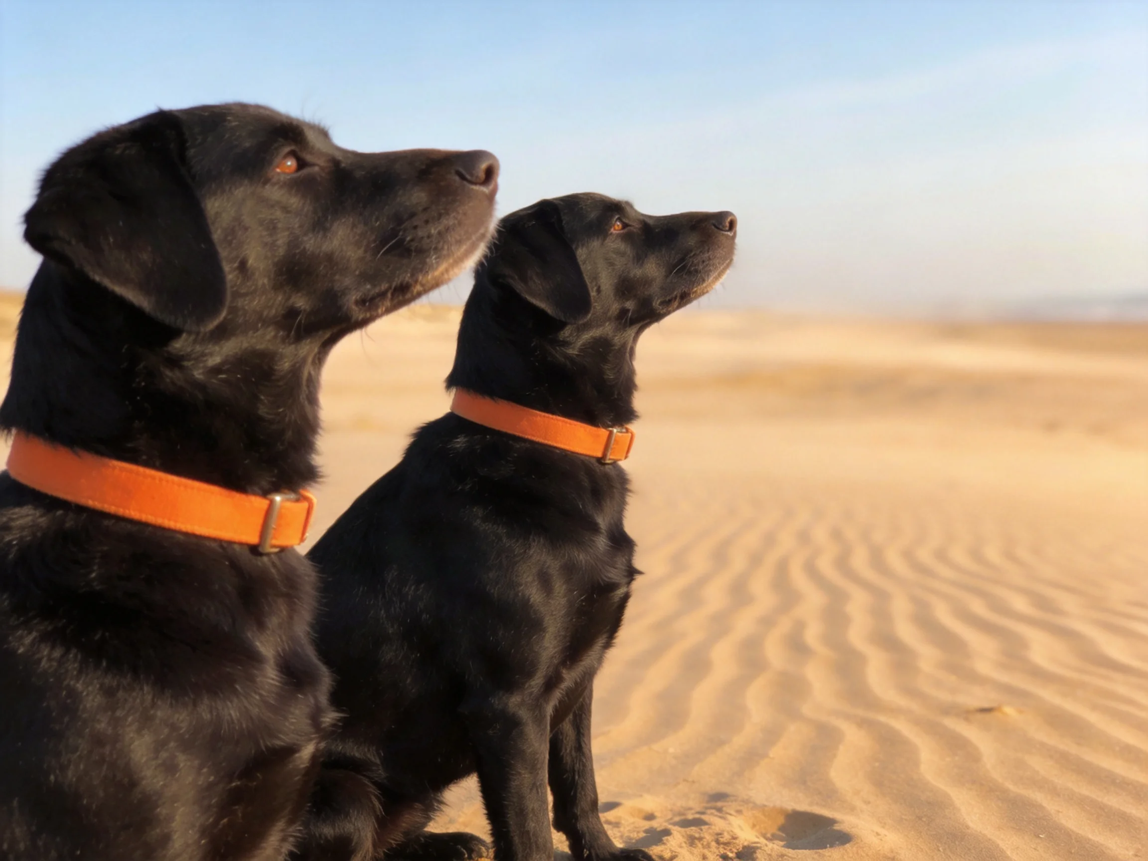 Two black dogs with orange collars on sandy terrain