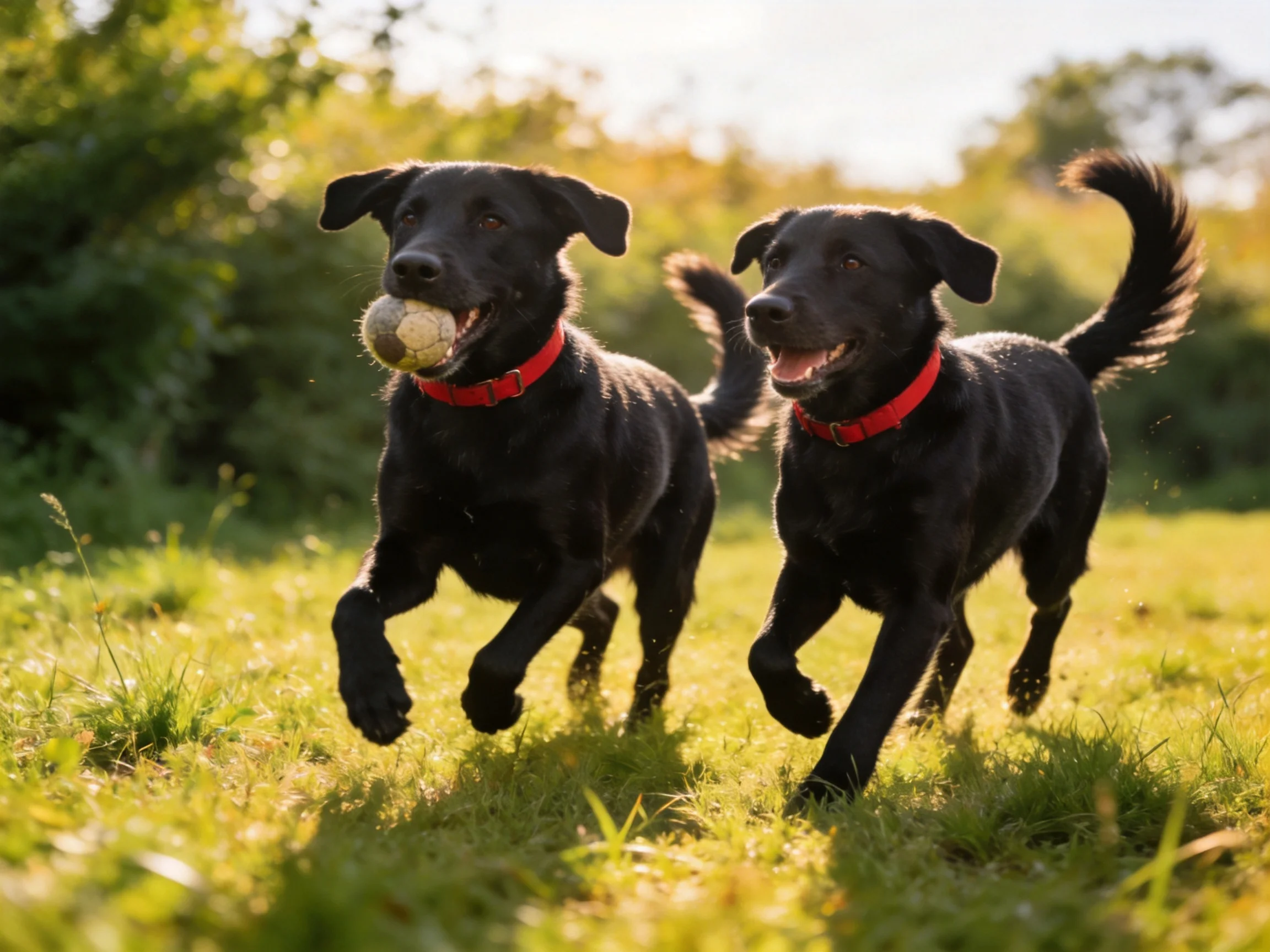 Two black dogs with red collars run joyfully in a sunlit meadow.