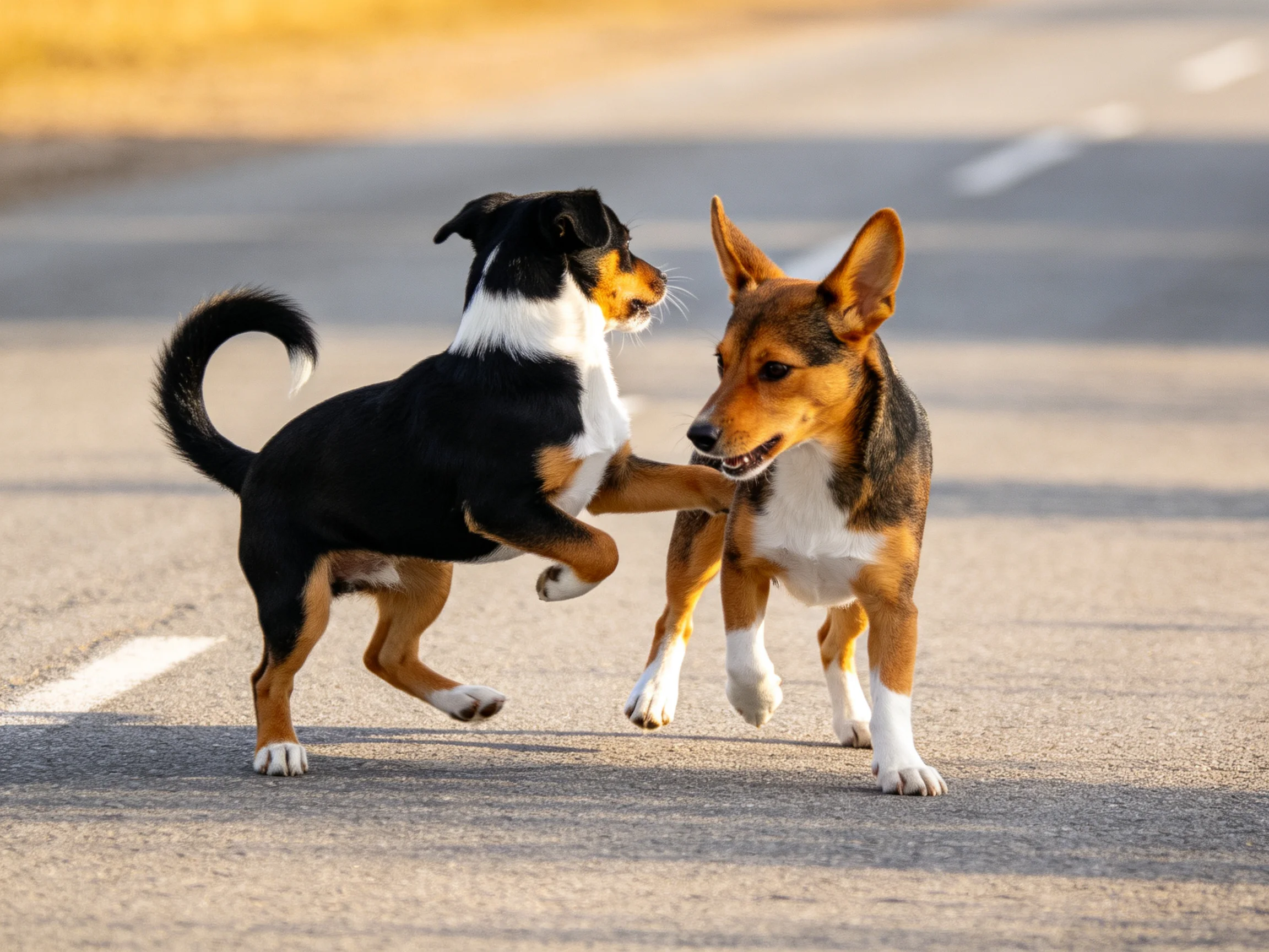 Two black, white, and tan puppies play on a sunlit asphalt road