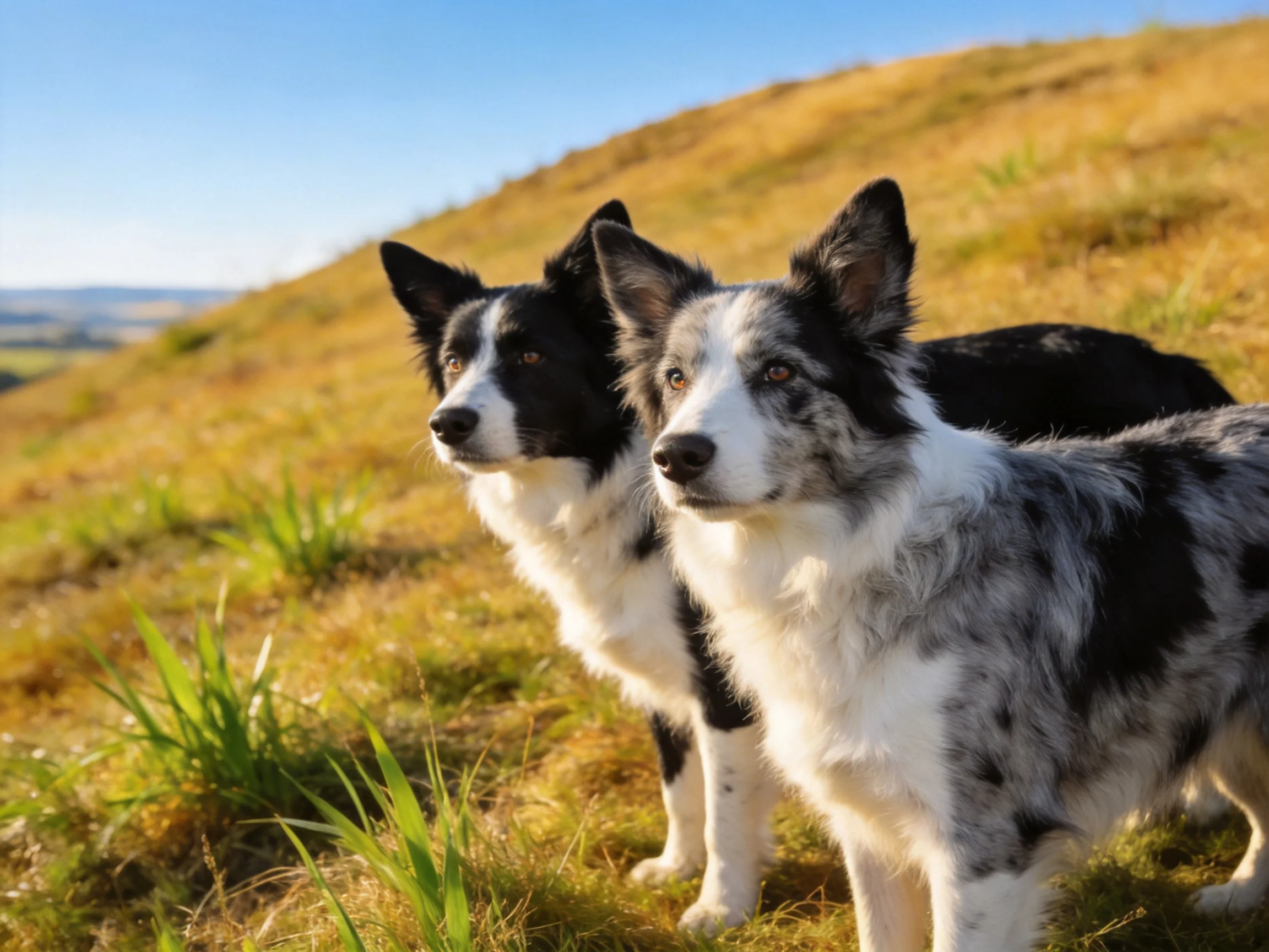 Two border collie dogs stand side by side on a sunlit grassy hill.