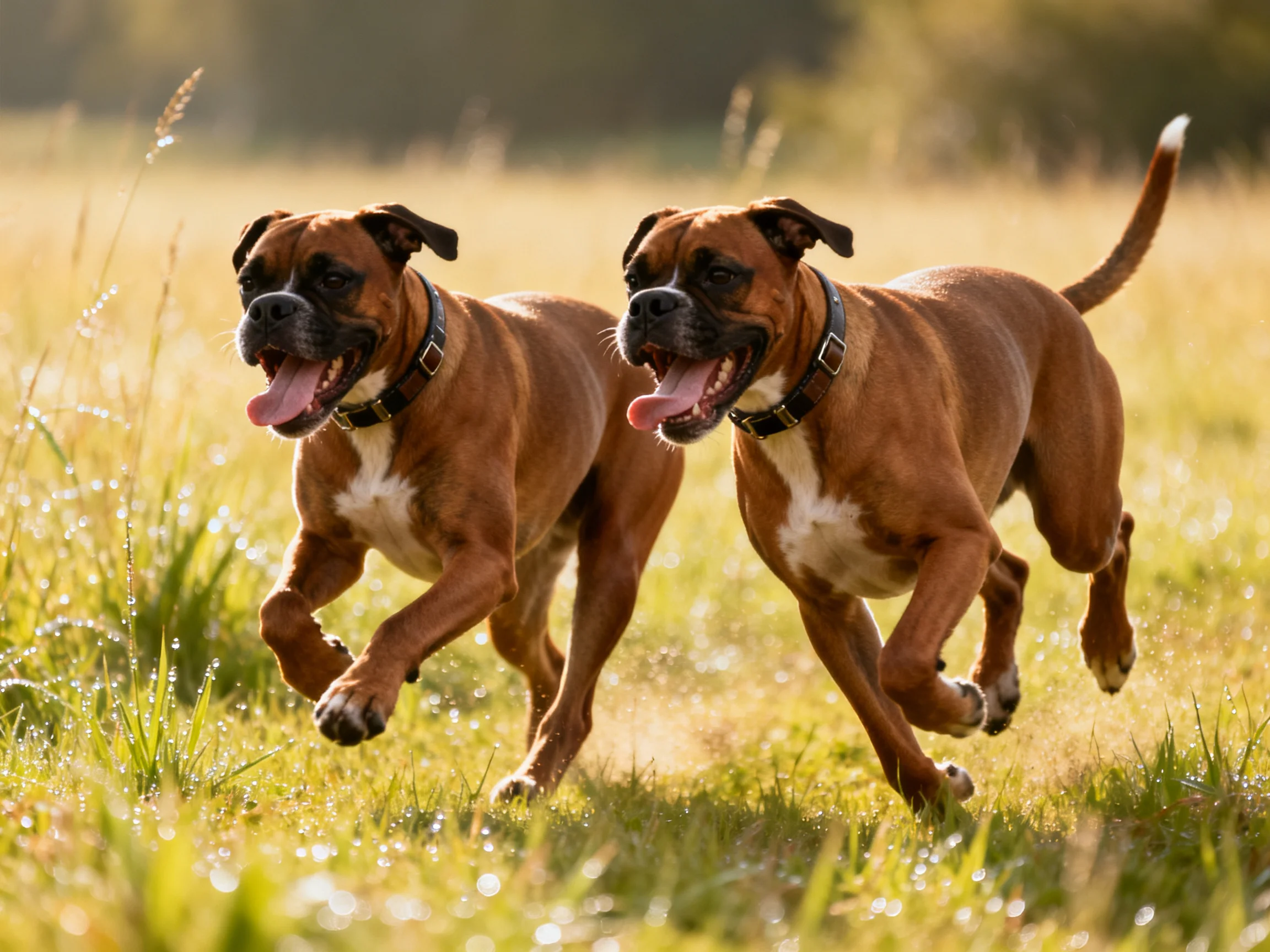 Two brown Boxer dogs sprinting through a sunlit meadow