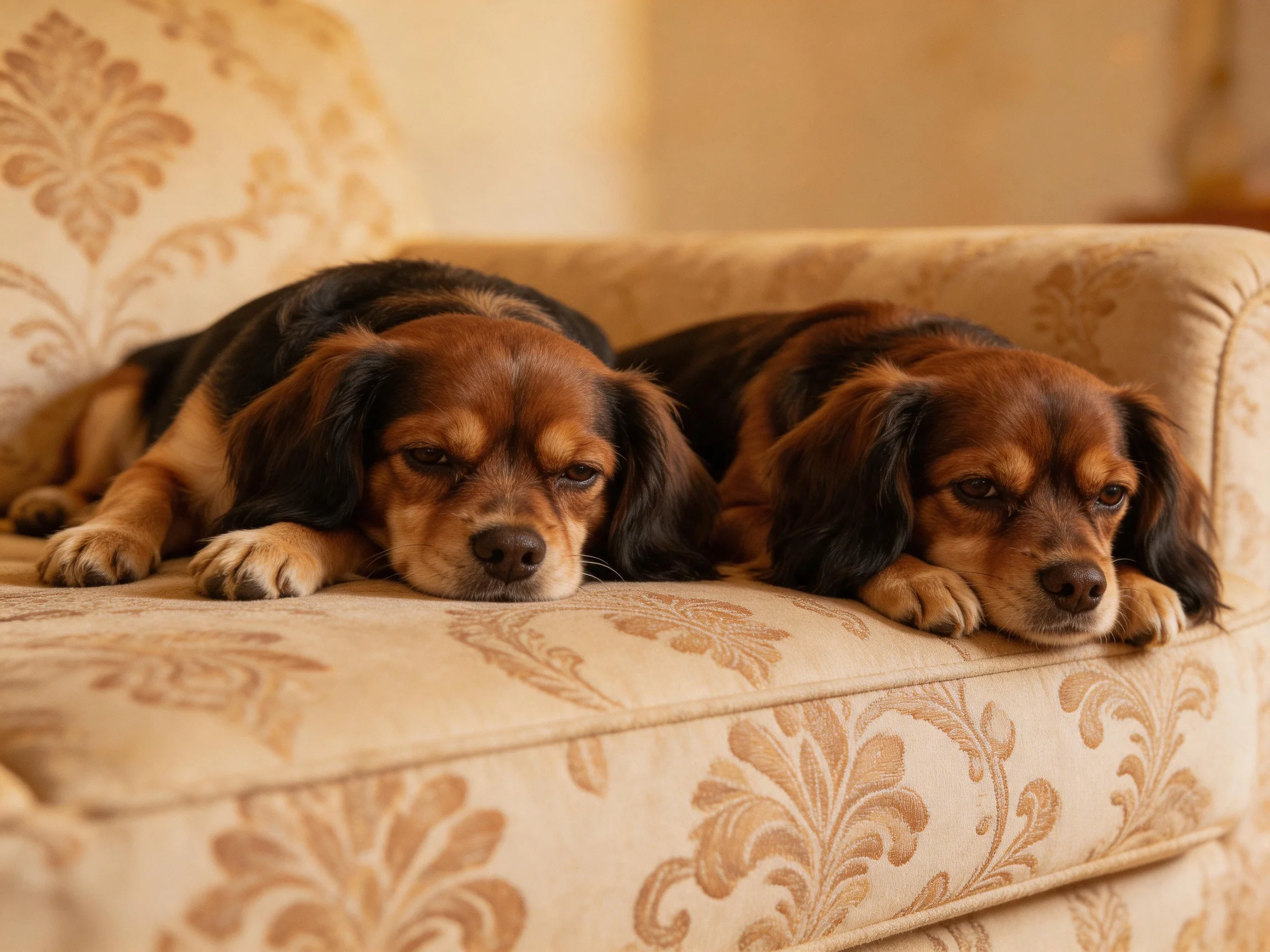 Two dogs rest on a patterned couch